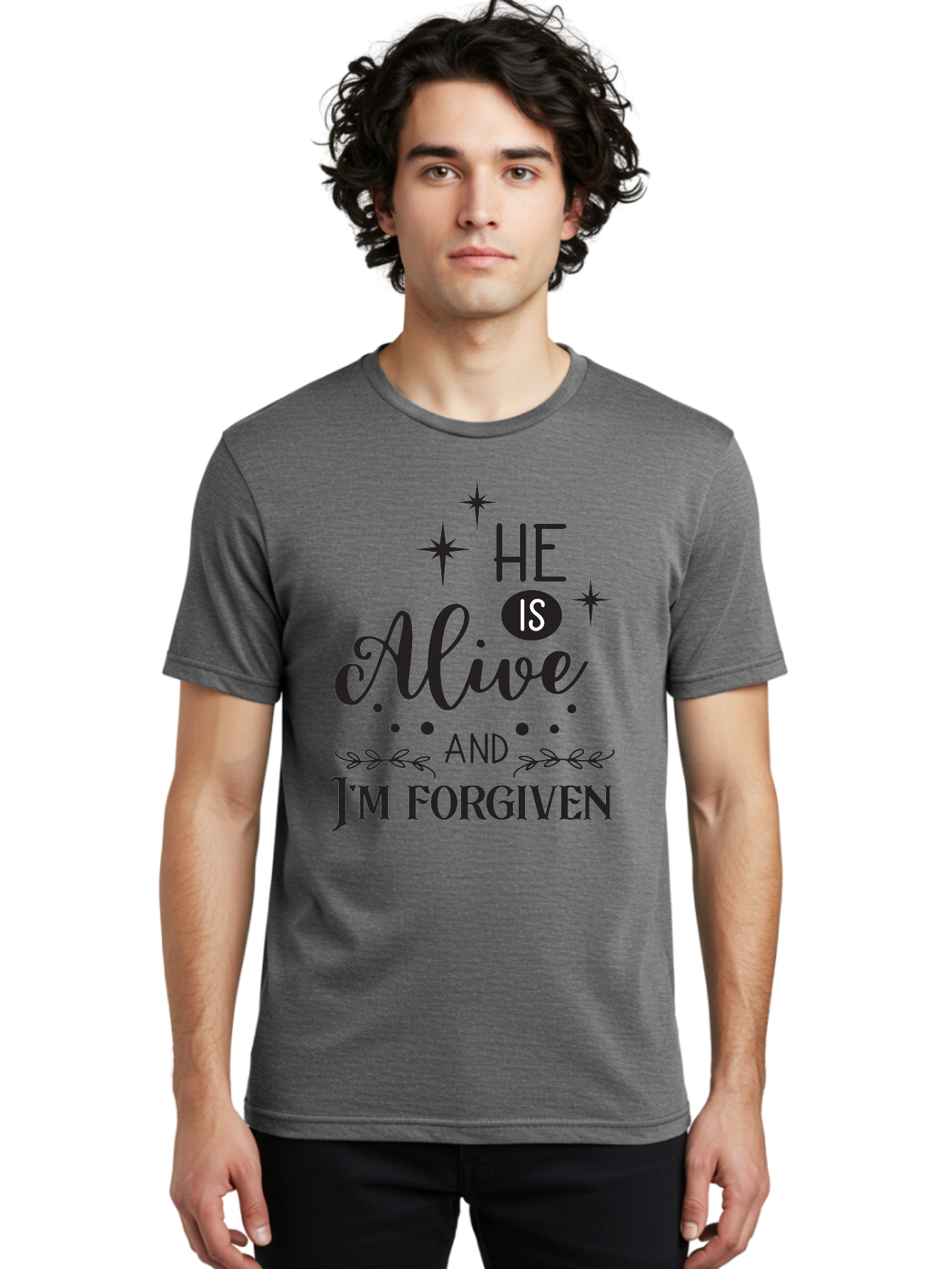 He-Is-Alive-And-I-M-Forgiven Men'S Graphic Tee, 100% Cotton, Comfortable Casual Summer Wear, Machine Washable, Inspirational Quote, Christian Message, Faith And Spirituality, Religious Text, Forgiveness And Salvation, Motivational Words, Aac805