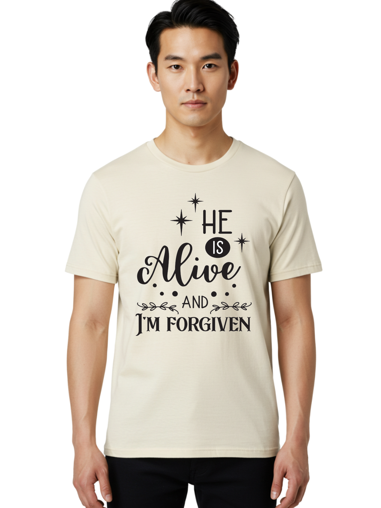 He-Is-Alive-And-I-M-Forgiven Men'S Graphic Tee, 100% Cotton, Comfortable Casual Summer Wear, Machine Washable, Inspirational Quote, Christian Message, Faith And Spirituality, Religious Text, Forgiveness And Salvation, Motivational Words, Aac805