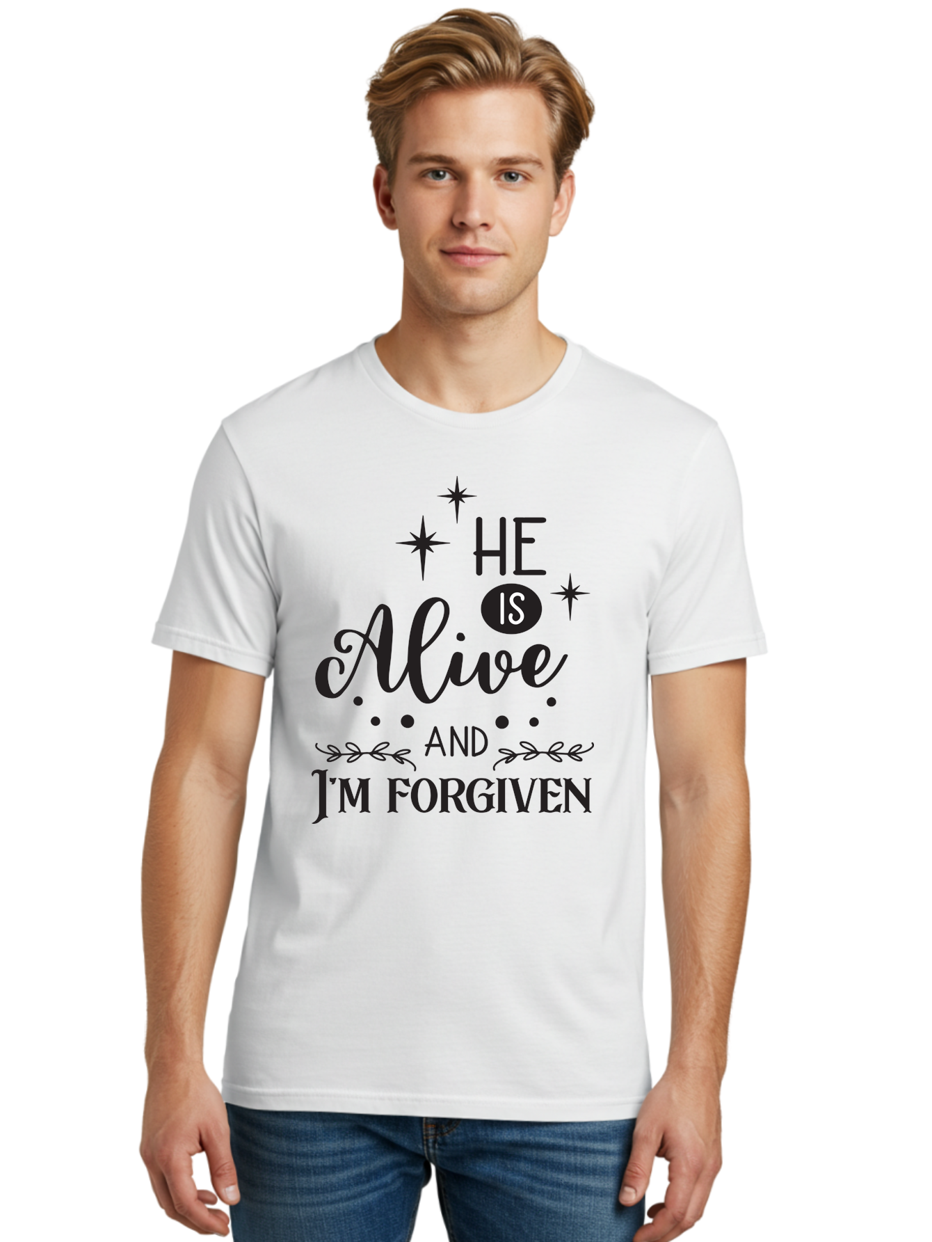 He-Is-Alive-And-I-M-Forgiven Men'S Graphic Tee, 100% Cotton, Comfortable Casual Summer Wear, Machine Washable, Inspirational Quote, Christian Message, Faith And Spirituality, Religious Text, Forgiveness And Salvation, Motivational Words, Aac805