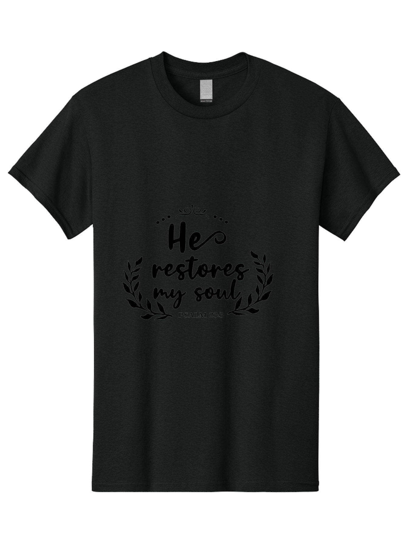 He-Restores-My-Soul Men'S Graphic Tee, 100% Cotton, Comfortable Casual Summer Wear, Machine Washable, Inspirational Quote, Psalm 23:3, Spiritual Message, Faith-Based Design, Motivational Quote, Biblical Verse, Soul Restoration, Leaves Wreath, Aac806