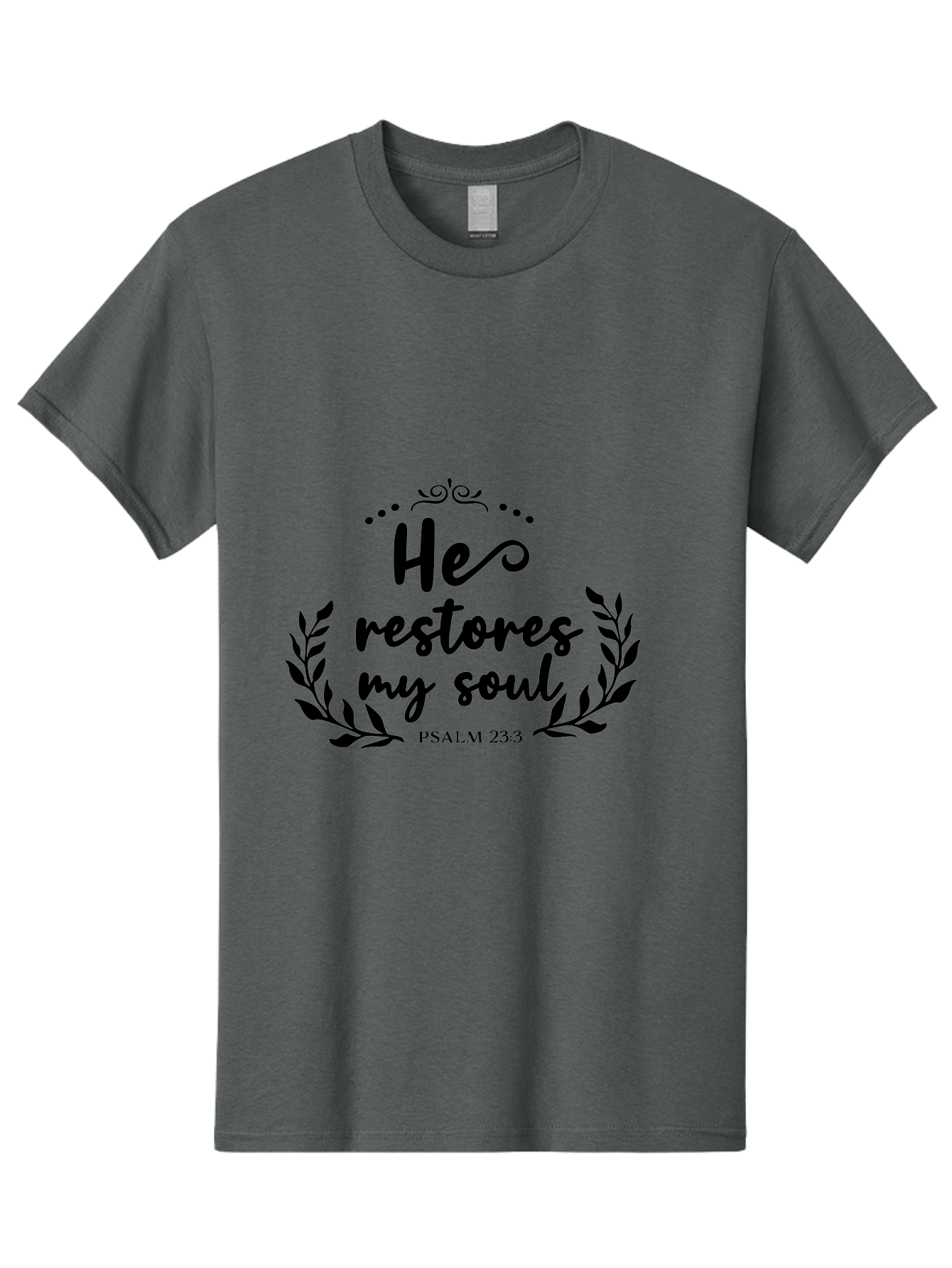 He-Restores-My-Soul Men'S Graphic Tee, 100% Cotton, Comfortable Casual Summer Wear, Machine Washable, Inspirational Quote, Psalm 23:3, Spiritual Message, Faith-Based Design, Motivational Quote, Biblical Verse, Soul Restoration, Leaves Wreath, Aac806