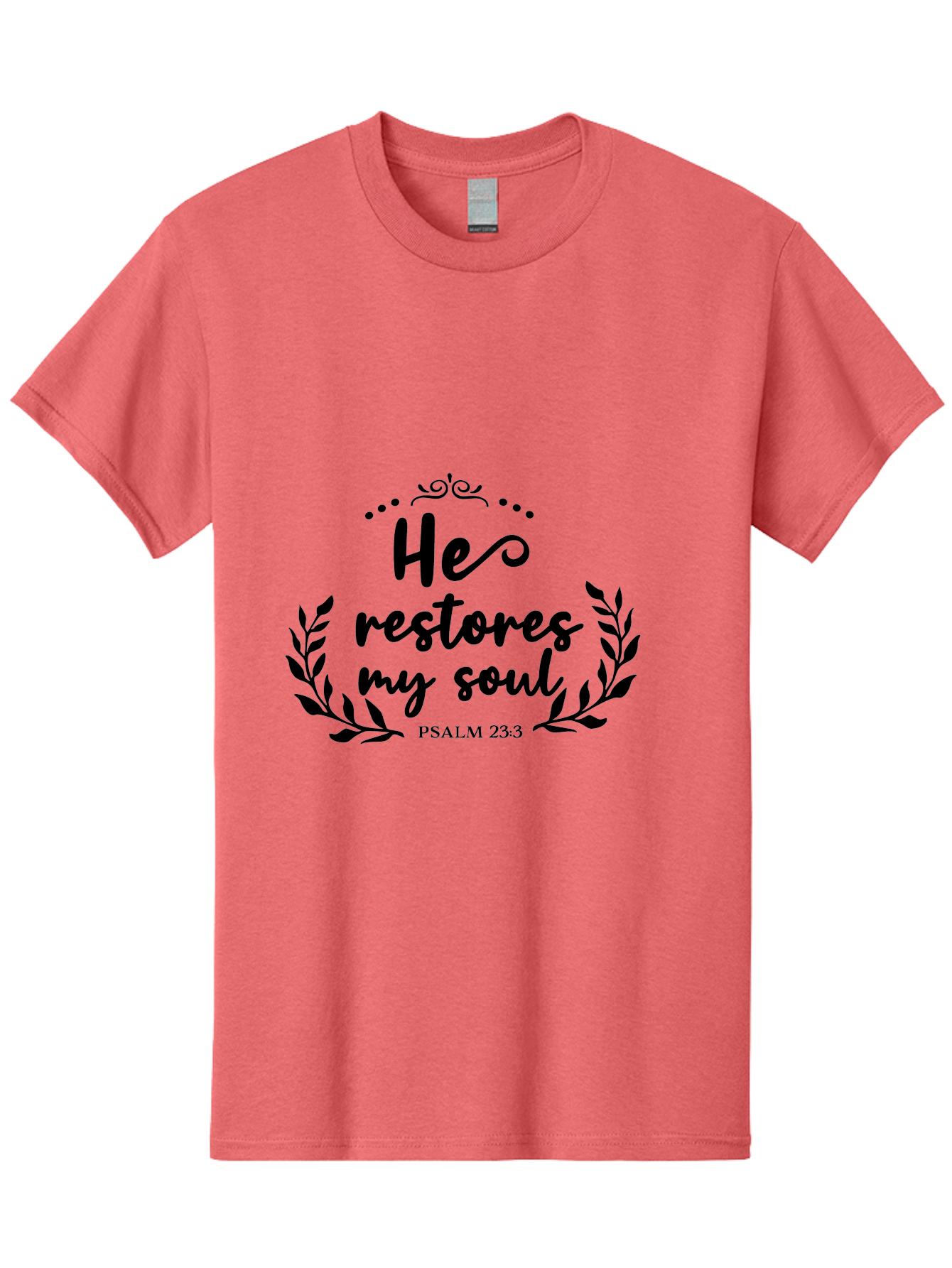 He-Restores-My-Soul Men'S Graphic Tee, 100% Cotton, Comfortable Casual Summer Wear, Machine Washable, Inspirational Quote, Psalm 23:3, Spiritual Message, Faith-Based Design, Motivational Quote, Biblical Verse, Soul Restoration, Leaves Wreath, Aac806