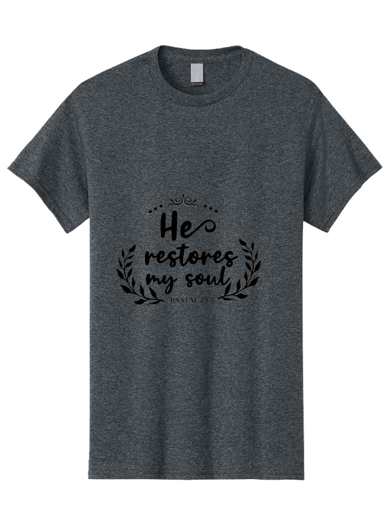 He-Restores-My-Soul Men'S Graphic Tee, 100% Cotton, Comfortable Casual Summer Wear, Machine Washable, Inspirational Quote, Psalm 23:3, Spiritual Message, Faith-Based Design, Motivational Quote, Biblical Verse, Soul Restoration, Leaves Wreath, Aac806
