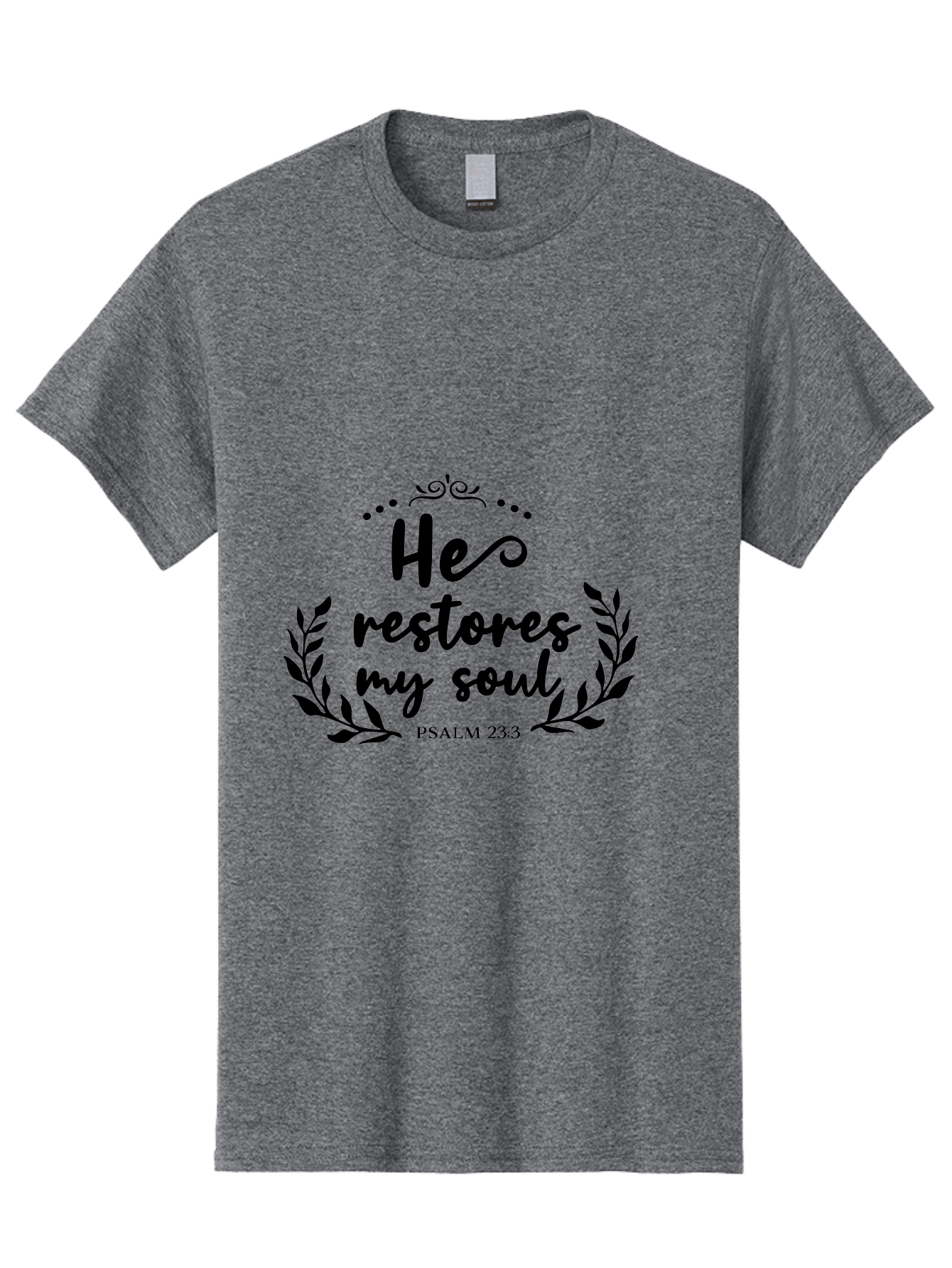 He-Restores-My-Soul Men'S Graphic Tee, 100% Cotton, Comfortable Casual Summer Wear, Machine Washable, Inspirational Quote, Psalm 23:3, Spiritual Message, Faith-Based Design, Motivational Quote, Biblical Verse, Soul Restoration, Leaves Wreath, Aac806