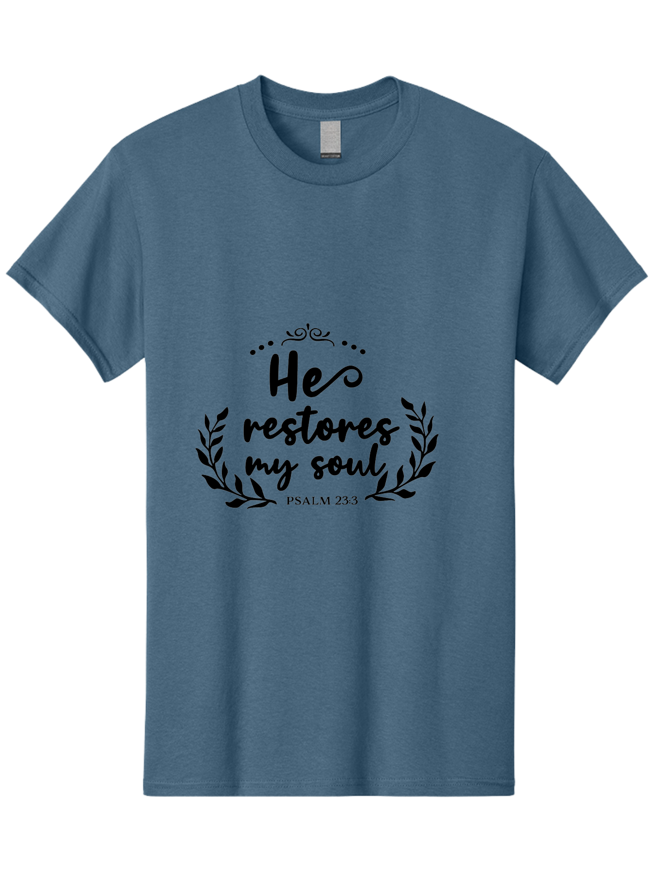 He-Restores-My-Soul Men'S Graphic Tee, 100% Cotton, Comfortable Casual Summer Wear, Machine Washable, Inspirational Quote, Psalm 23:3, Spiritual Message, Faith-Based Design, Motivational Quote, Biblical Verse, Soul Restoration, Leaves Wreath, Aac806