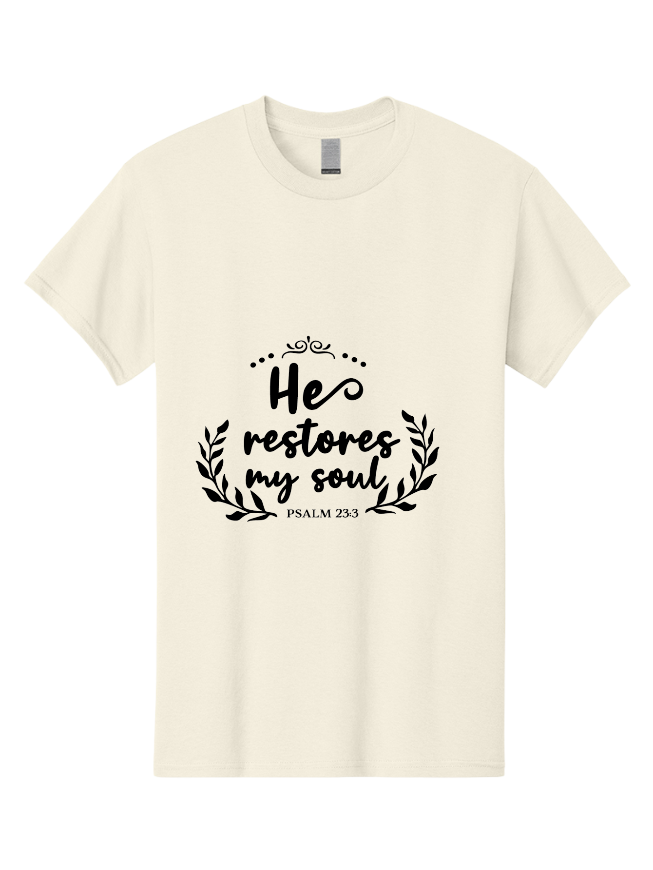 He-Restores-My-Soul Men'S Graphic Tee, 100% Cotton, Comfortable Casual Summer Wear, Machine Washable, Inspirational Quote, Psalm 23:3, Spiritual Message, Faith-Based Design, Motivational Quote, Biblical Verse, Soul Restoration, Leaves Wreath, Aac806