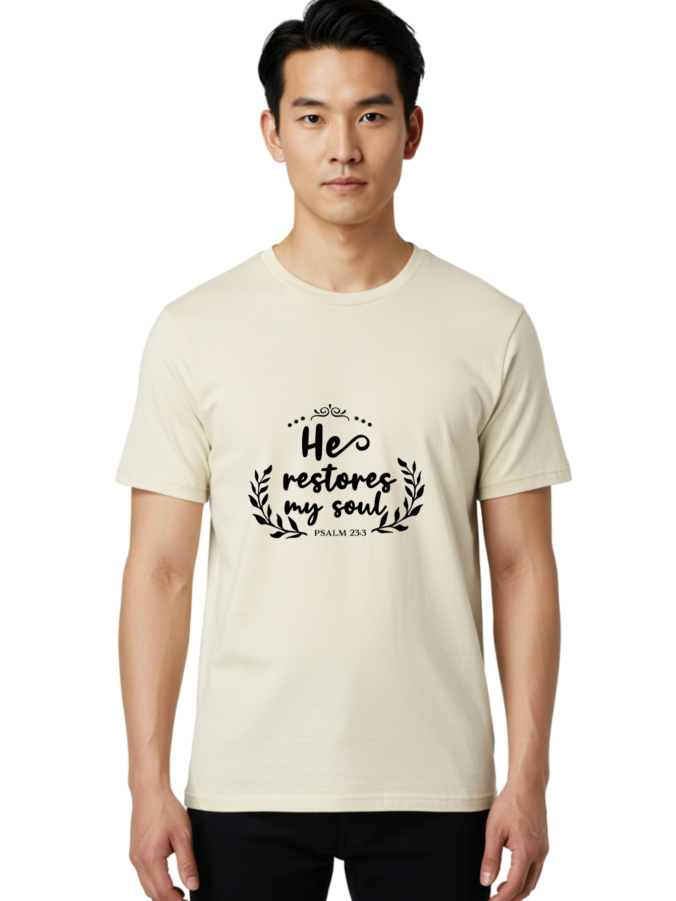 He-Restores-My-Soul Men'S Graphic Tee, 100% Cotton, Comfortable Casual Summer Wear, Machine Washable, Inspirational Quote, Psalm 23:3, Spiritual Message, Faith-Based Design, Motivational Quote, Biblical Verse, Soul Restoration, Leaves Wreath, Aac806