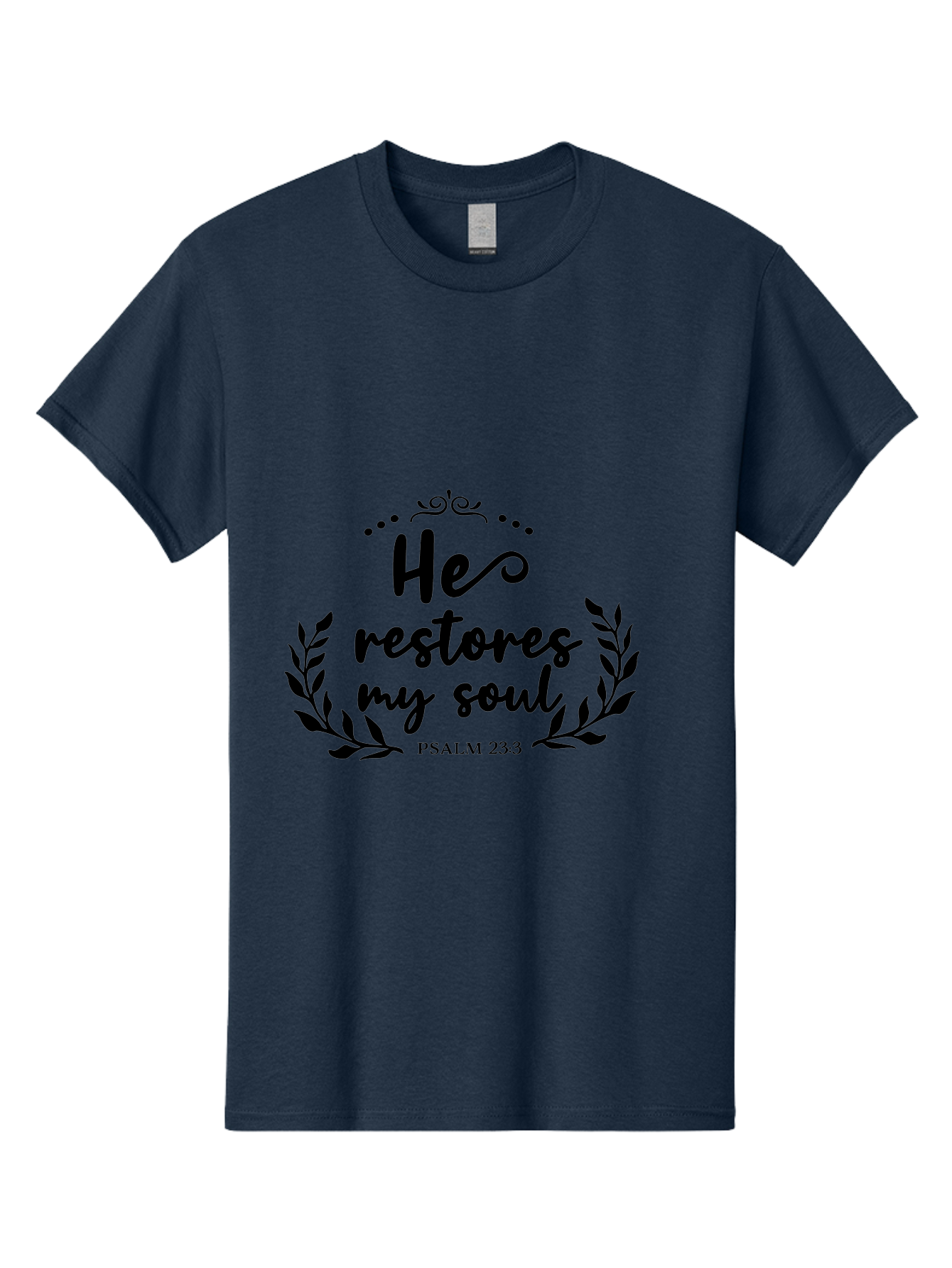 He-Restores-My-Soul Men'S Graphic Tee, 100% Cotton, Comfortable Casual Summer Wear, Machine Washable, Inspirational Quote, Psalm 23:3, Spiritual Message, Faith-Based Design, Motivational Quote, Biblical Verse, Soul Restoration, Leaves Wreath, Aac806
