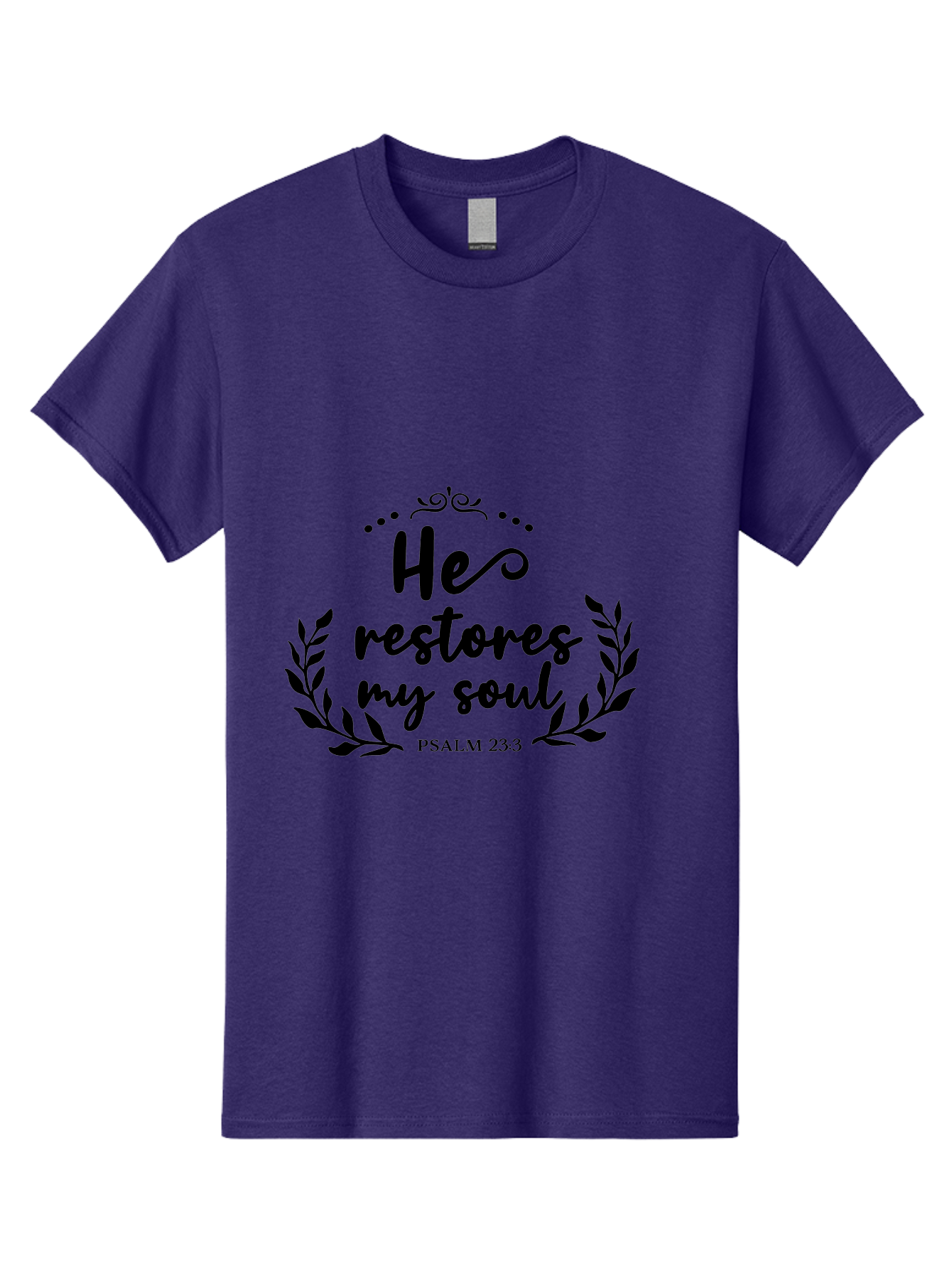 He-Restores-My-Soul Men'S Graphic Tee, 100% Cotton, Comfortable Casual Summer Wear, Machine Washable, Inspirational Quote, Psalm 23:3, Spiritual Message, Faith-Based Design, Motivational Quote, Biblical Verse, Soul Restoration, Leaves Wreath, Aac806