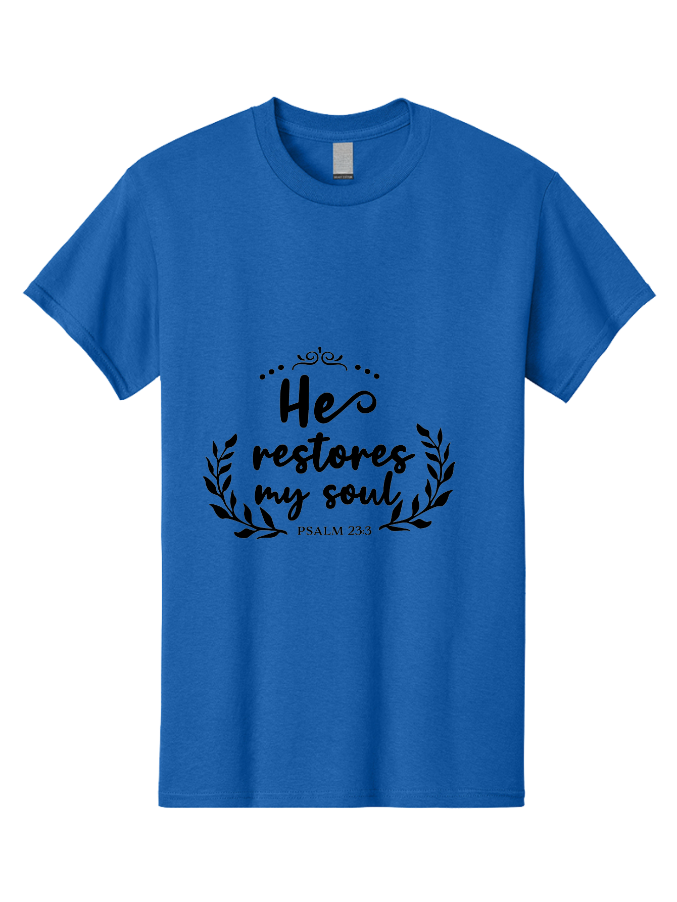 He-Restores-My-Soul Men'S Graphic Tee, 100% Cotton, Comfortable Casual Summer Wear, Machine Washable, Inspirational Quote, Psalm 23:3, Spiritual Message, Faith-Based Design, Motivational Quote, Biblical Verse, Soul Restoration, Leaves Wreath, Aac806