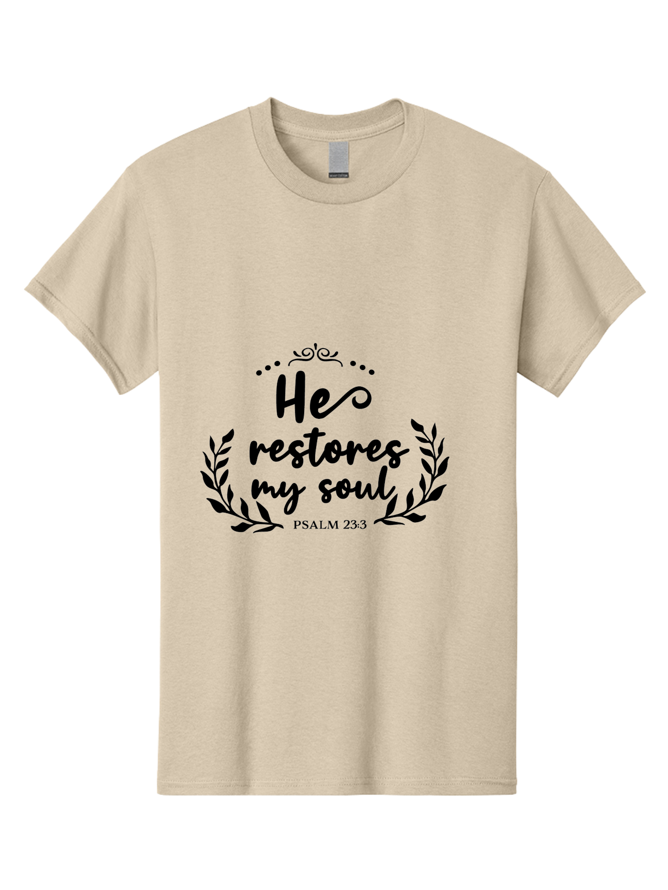 He-Restores-My-Soul Men'S Graphic Tee, 100% Cotton, Comfortable Casual Summer Wear, Machine Washable, Inspirational Quote, Psalm 23:3, Spiritual Message, Faith-Based Design, Motivational Quote, Biblical Verse, Soul Restoration, Leaves Wreath, Aac806