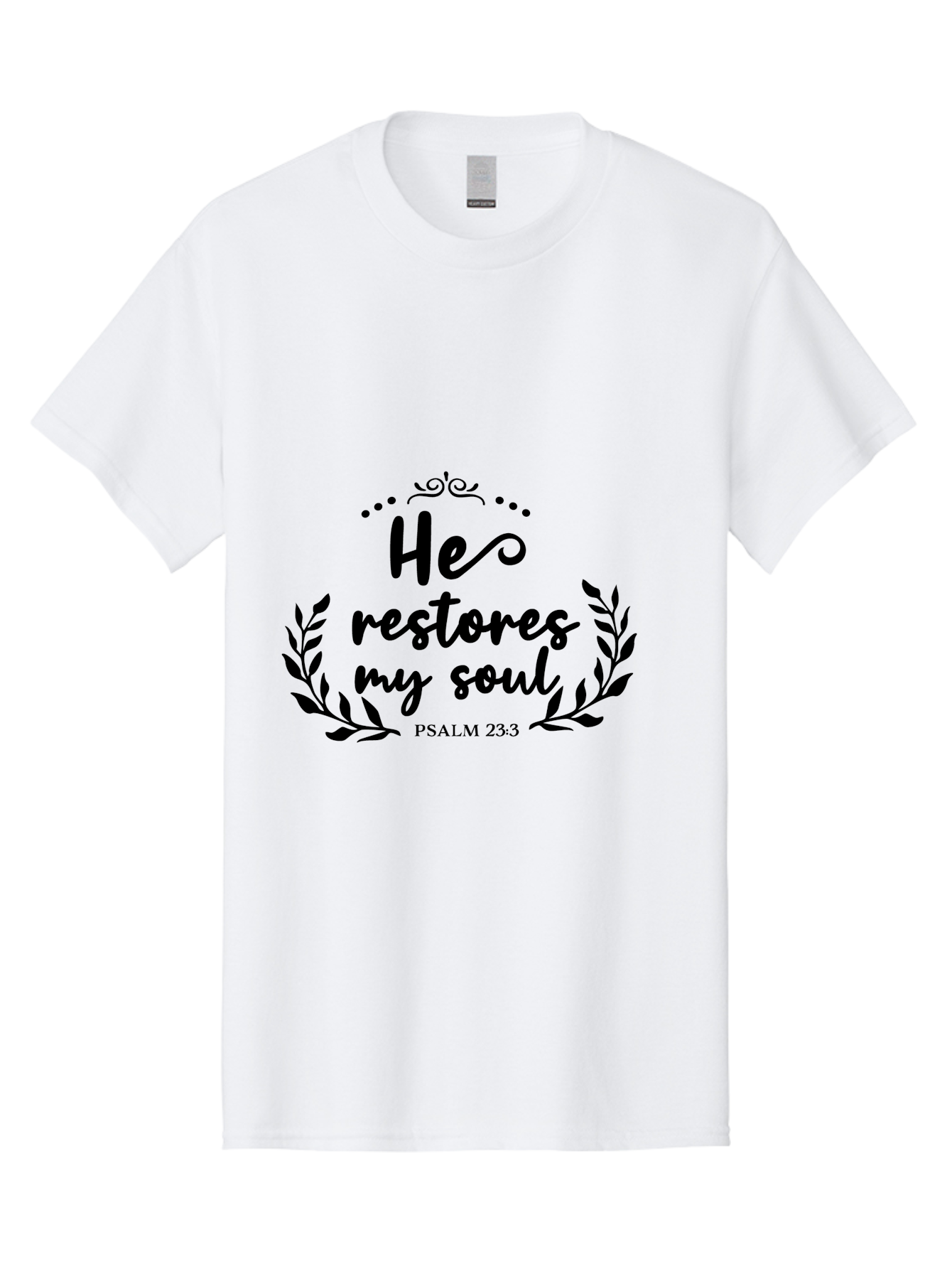 He-Restores-My-Soul Men'S Graphic Tee, 100% Cotton, Comfortable Casual Summer Wear, Machine Washable, Inspirational Quote, Psalm 23:3, Spiritual Message, Faith-Based Design, Motivational Quote, Biblical Verse, Soul Restoration, Leaves Wreath, Aac806