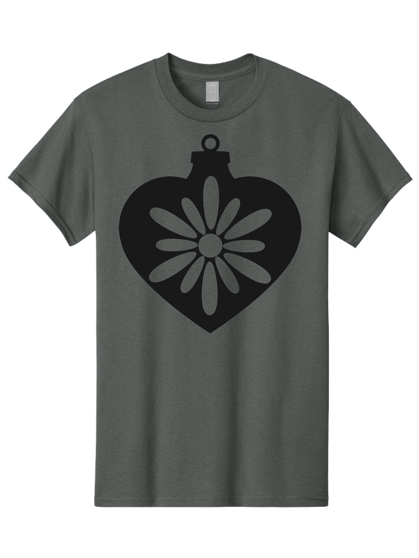 Heart-Ornament-With-Flower Men'S Graphic Tee, 100% Cotton, Comfortable Casual Summer Wear, Machine Washable, Heart Shaped Ornament, Floral Design, Flower Pattern, Black Silhouette, Green Accents, Christmas Decoration, Festive Symbol, Aac809