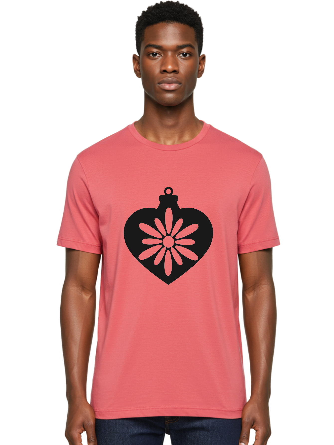 Heart-Ornament-With-Flower Men'S Graphic Tee, 100% Cotton, Comfortable Casual Summer Wear, Machine Washable, Heart Shaped Ornament, Floral Design, Flower Pattern, Black Silhouette, Green Accents, Christmas Decoration, Festive Symbol, Aac809