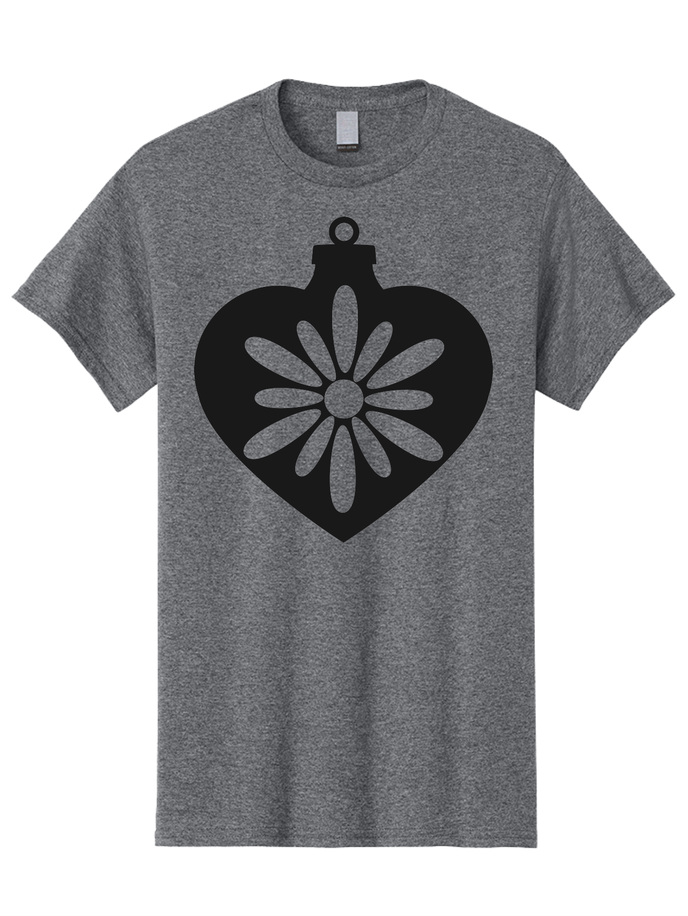 Heart-Ornament-With-Flower Men'S Graphic Tee, 100% Cotton, Comfortable Casual Summer Wear, Machine Washable, Heart Shaped Ornament, Floral Design, Flower Pattern, Black Silhouette, Green Accents, Christmas Decoration, Festive Symbol, Aac809