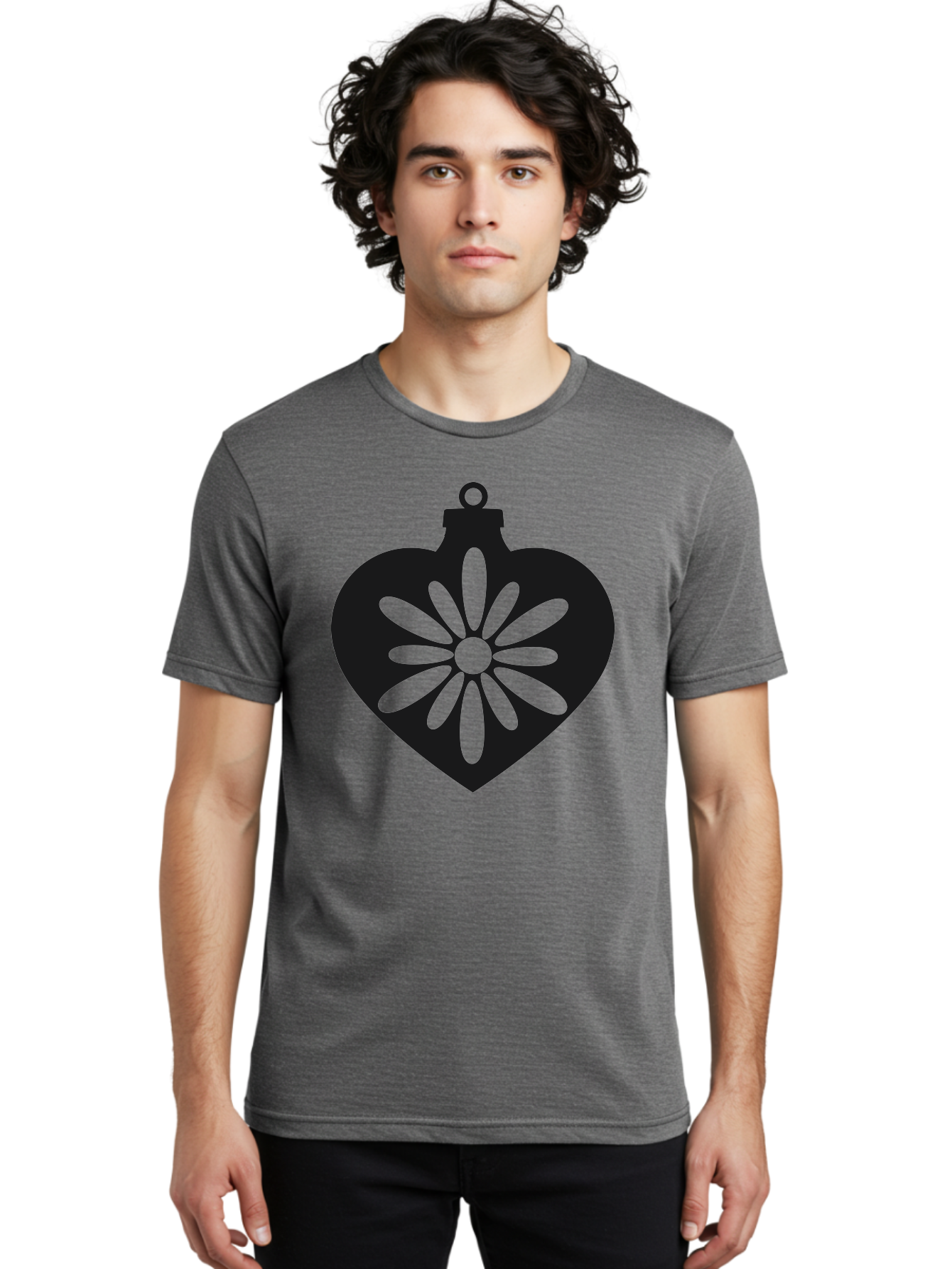 Heart-Ornament-With-Flower Men'S Graphic Tee, 100% Cotton, Comfortable Casual Summer Wear, Machine Washable, Heart Shaped Ornament, Floral Design, Flower Pattern, Black Silhouette, Green Accents, Christmas Decoration, Festive Symbol, Aac809