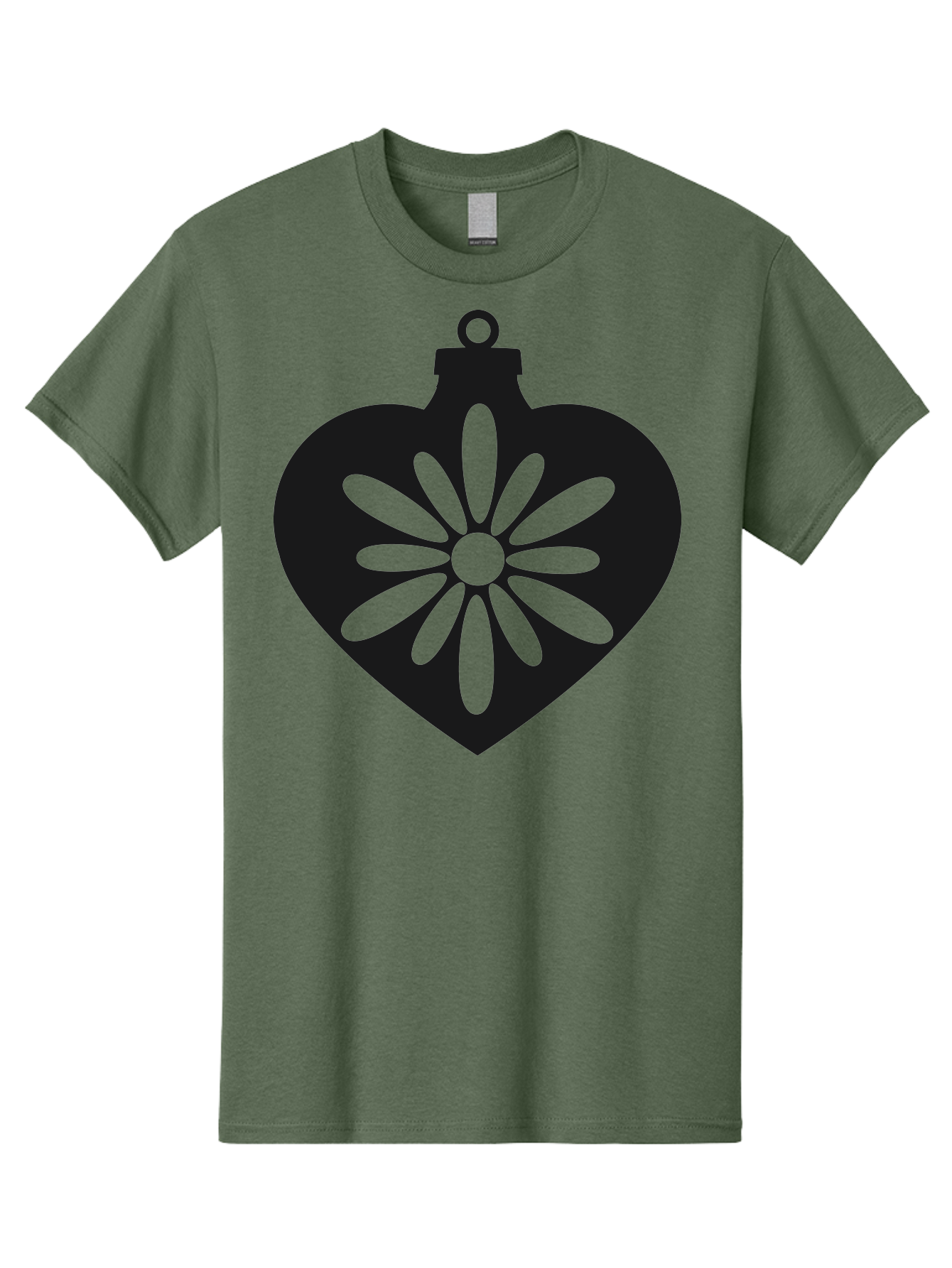 Heart-Ornament-With-Flower Men'S Graphic Tee, 100% Cotton, Comfortable Casual Summer Wear, Machine Washable, Heart Shaped Ornament, Floral Design, Flower Pattern, Black Silhouette, Green Accents, Christmas Decoration, Festive Symbol, Aac809