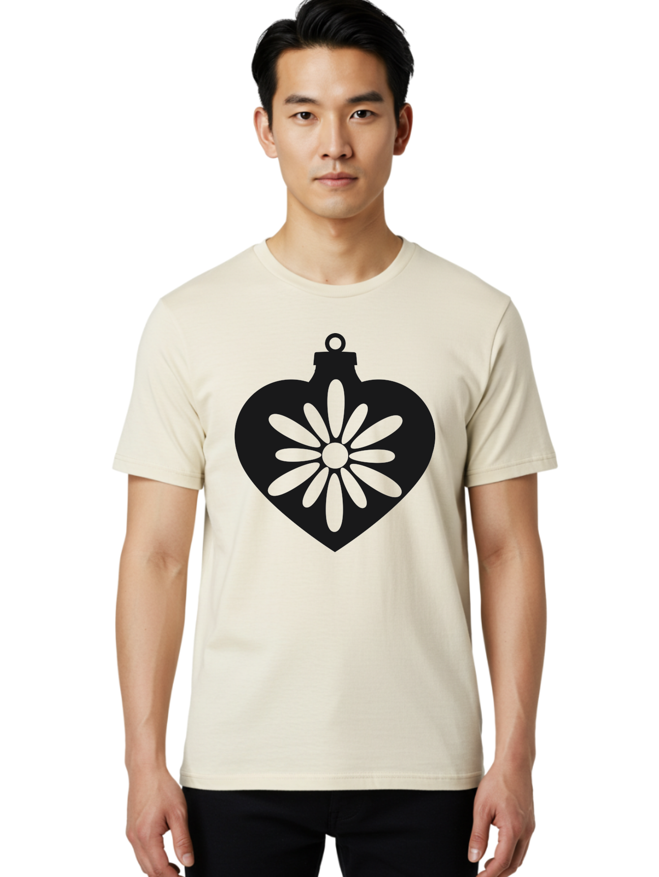 Heart-Ornament-With-Flower Men'S Graphic Tee, 100% Cotton, Comfortable Casual Summer Wear, Machine Washable, Heart Shaped Ornament, Floral Design, Flower Pattern, Black Silhouette, Green Accents, Christmas Decoration, Festive Symbol, Aac809