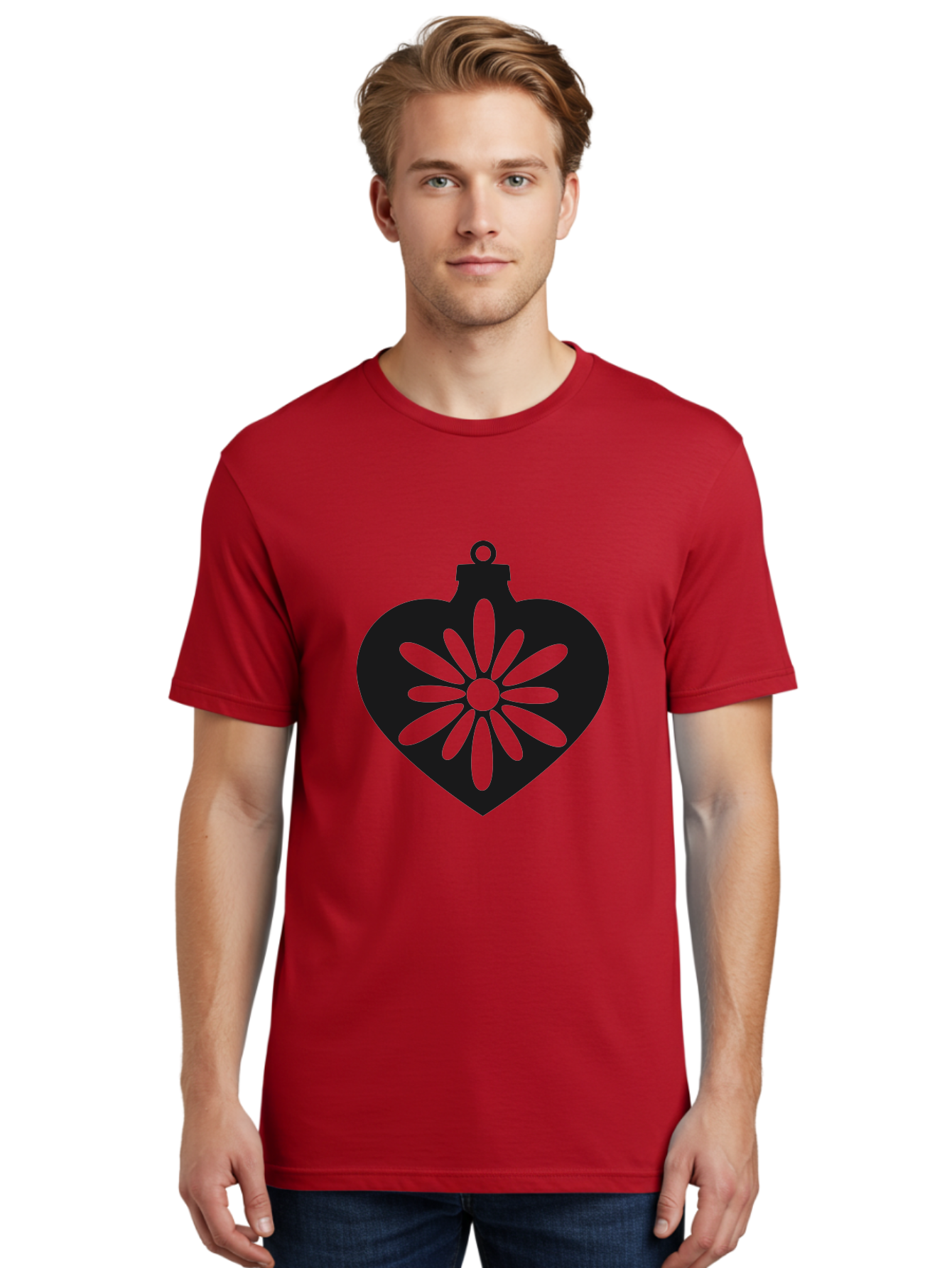 Heart-Ornament-With-Flower Men'S Graphic Tee, 100% Cotton, Comfortable Casual Summer Wear, Machine Washable, Heart Shaped Ornament, Floral Design, Flower Pattern, Black Silhouette, Green Accents, Christmas Decoration, Festive Symbol, Aac809