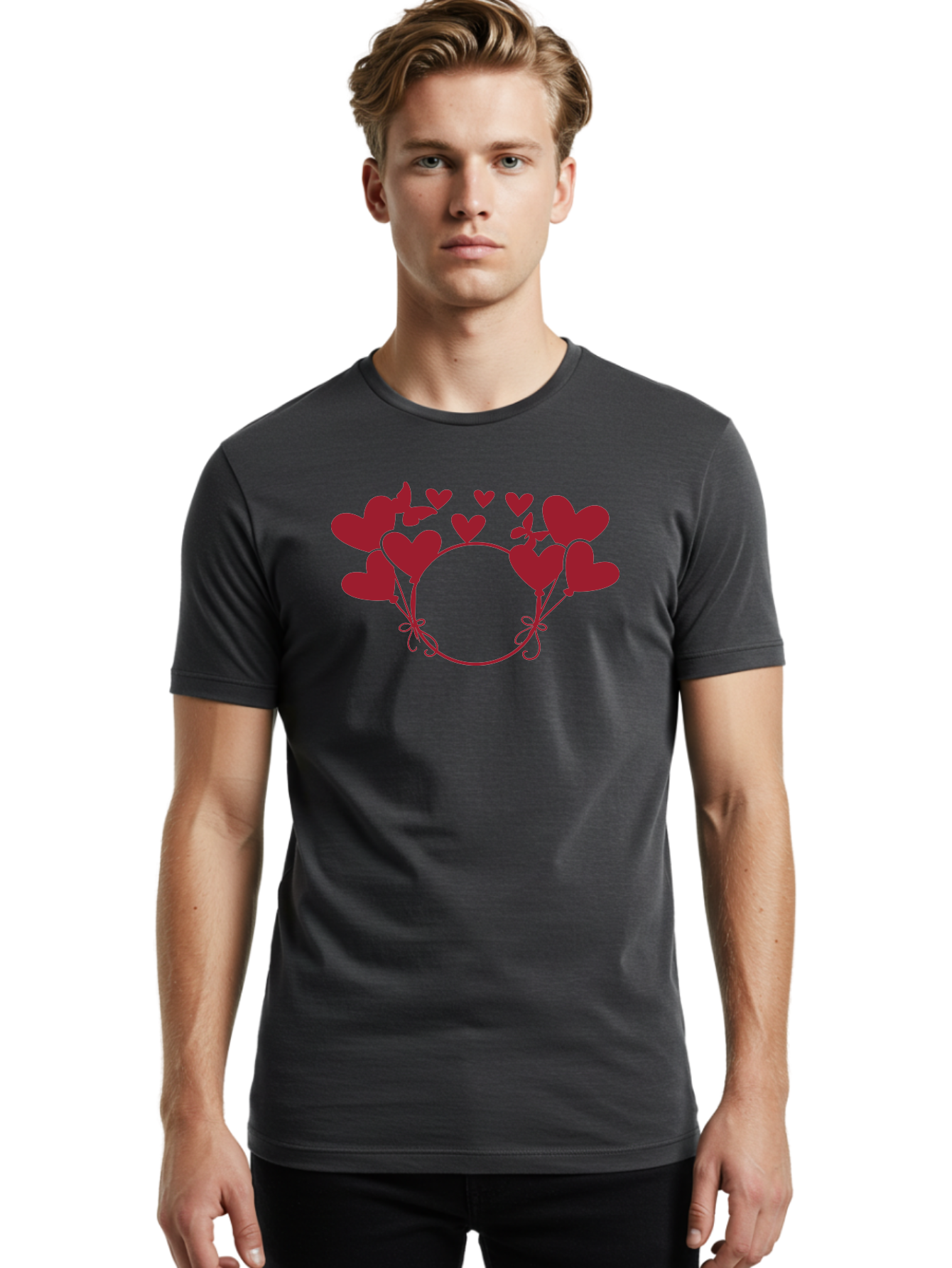 Heart-Wreath Men'S Graphic Tee, 100% Cotton, Comfortable Casual Summer Wear, Machine Washable, Heart-Shaped Frame, Floral Wreath, Red Hearts, Love Symbol, Decorative Border, Heart Design, Romantic Theme, Valentines Day Aac810