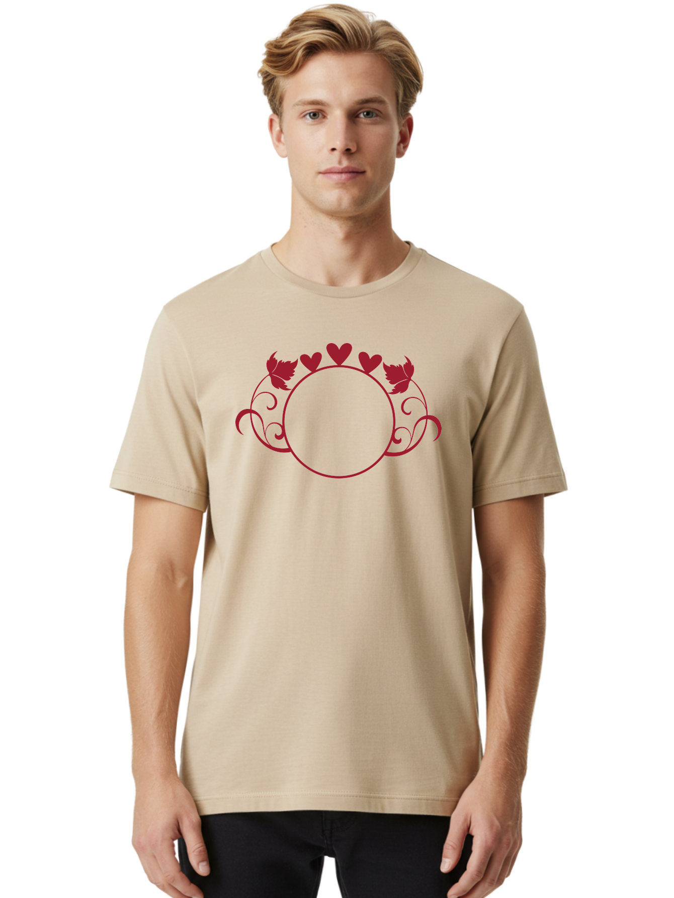Hearts-And-Leaves-Circle Men'S Graphic Tee, 100% Cotton, Comfortable Casual Summer Wear, Machine Washable, Red Hearts, Leaves, Floral Frame, Decorative Border, Valentines Day Theme, Romantic Design, Elegant Frame, Love Symbol, Heart Shaped, Aac811