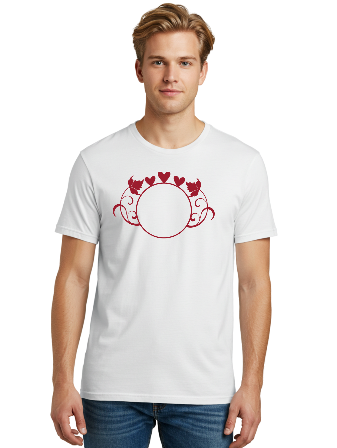 Hearts-And-Leaves-Circle Men'S Graphic Tee, 100% Cotton, Comfortable Casual Summer Wear, Machine Washable, Red Hearts, Leaves, Floral Frame, Decorative Border, Valentines Day Theme, Romantic Design, Elegant Frame, Love Symbol, Heart Shaped, Aac811