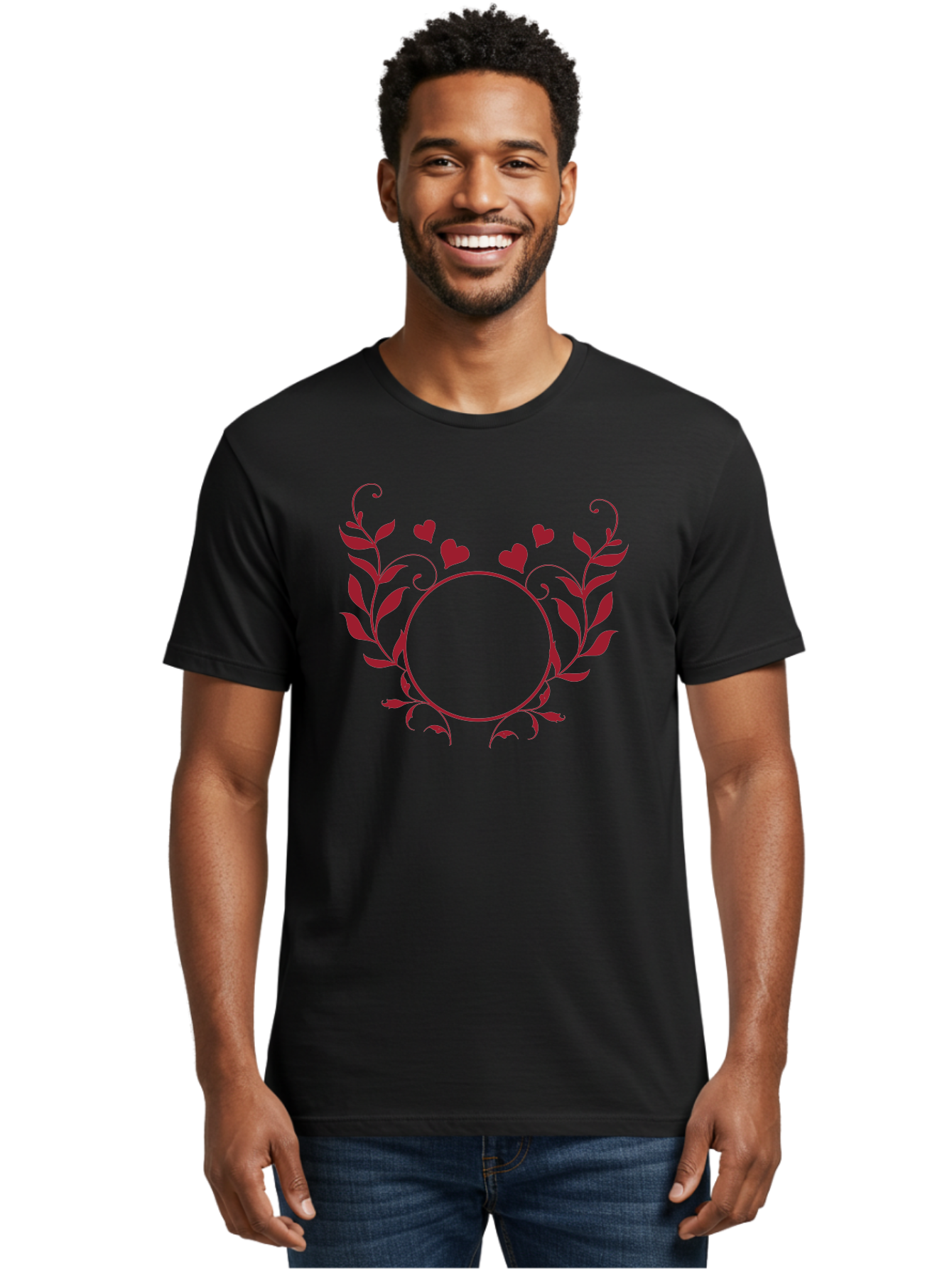 Hearts-And-Vines-Frame Men'S Graphic Tee, 100% Cotton, Comfortable Casual Summer Wear, Machine Washable, Floral Wreath, Red Hearts, Circle Frame, Elegant Design, Romantic Elements, Decorative Border, Heart Motif, Vine Pattern, Classic Style Aac812