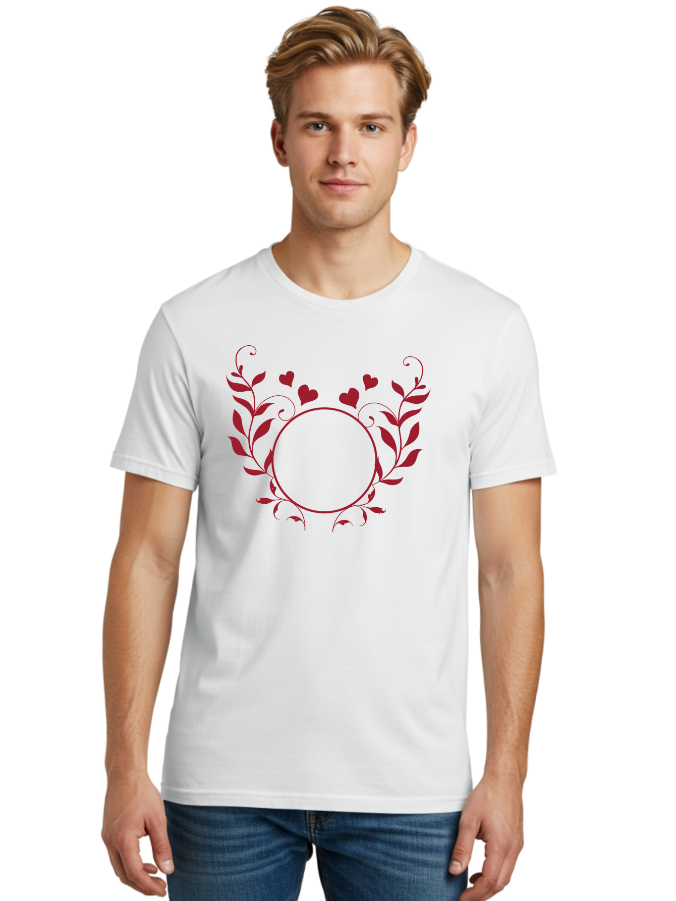 Hearts-And-Vines-Frame Men'S Graphic Tee, 100% Cotton, Comfortable Casual Summer Wear, Machine Washable, Floral Wreath, Red Hearts, Circle Frame, Elegant Design, Romantic Elements, Decorative Border, Heart Motif, Vine Pattern, Classic Style Aac812