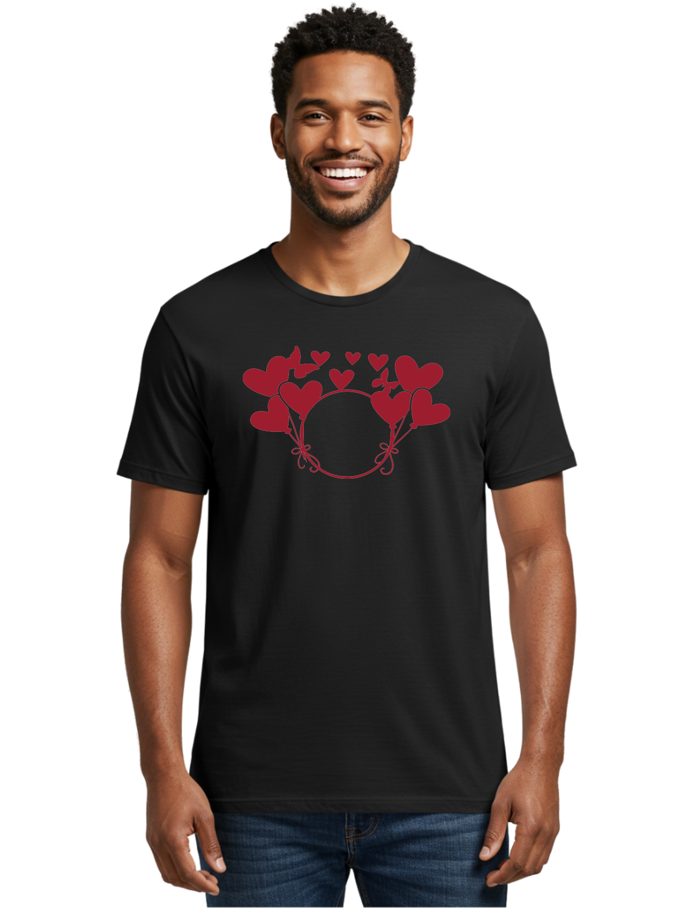 Hearts-Wreath Men'S Graphic Tee, 100% Cotton, Comfortable Casual Summer Wear, Machine Washable, Heart Shaped Frame, Floral Frame, Red Hearts, Heart Decoration, Valentines Day Decor, Love Theme, Heart Shaped Flowers, Decorative Frame, Aac813