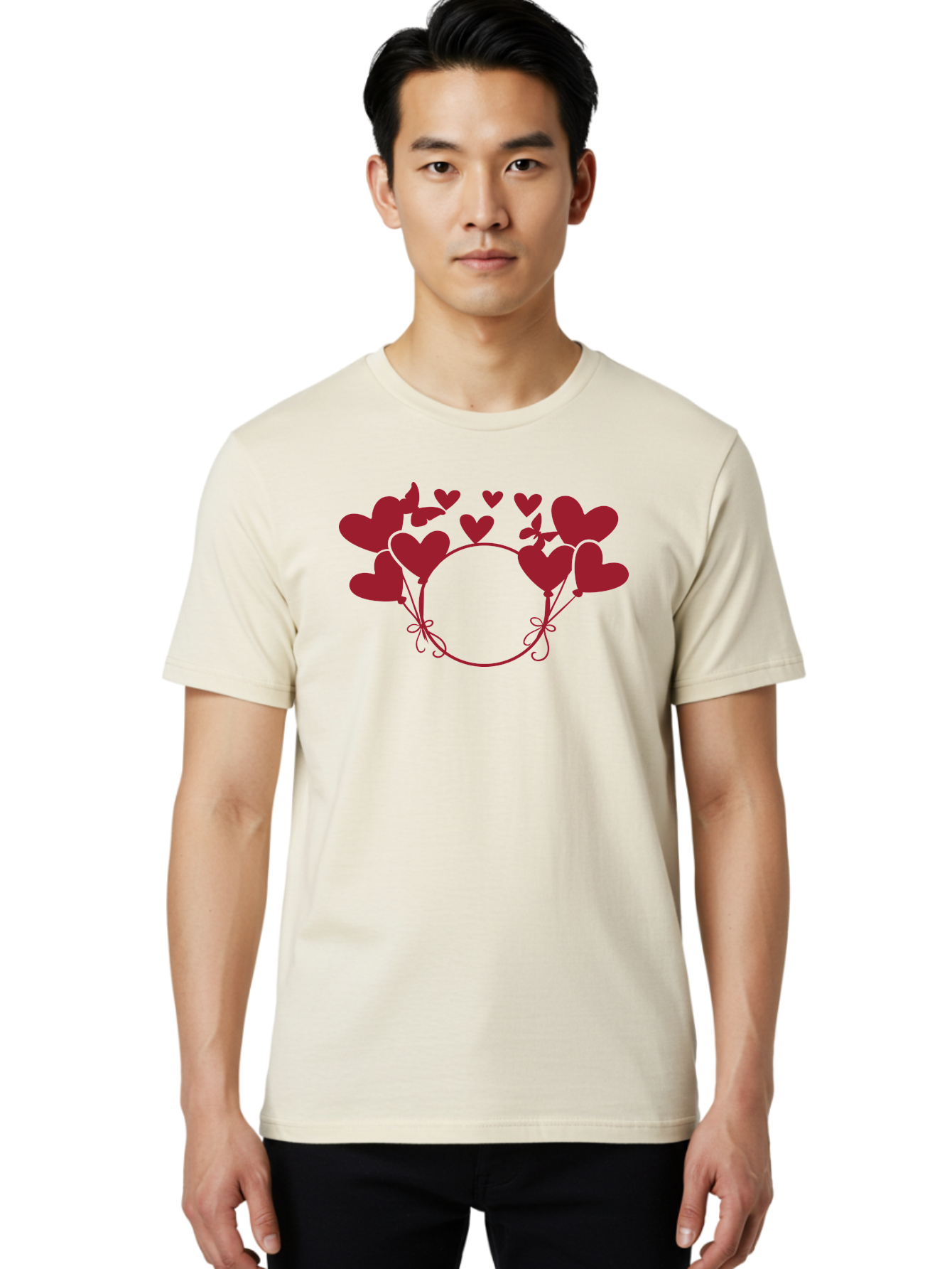 Hearts-Wreath Men'S Graphic Tee, 100% Cotton, Comfortable Casual Summer Wear, Machine Washable, Heart Shaped Frame, Floral Frame, Red Hearts, Heart Decoration, Valentines Day Decor, Love Theme, Heart Shaped Flowers, Decorative Frame, Aac813