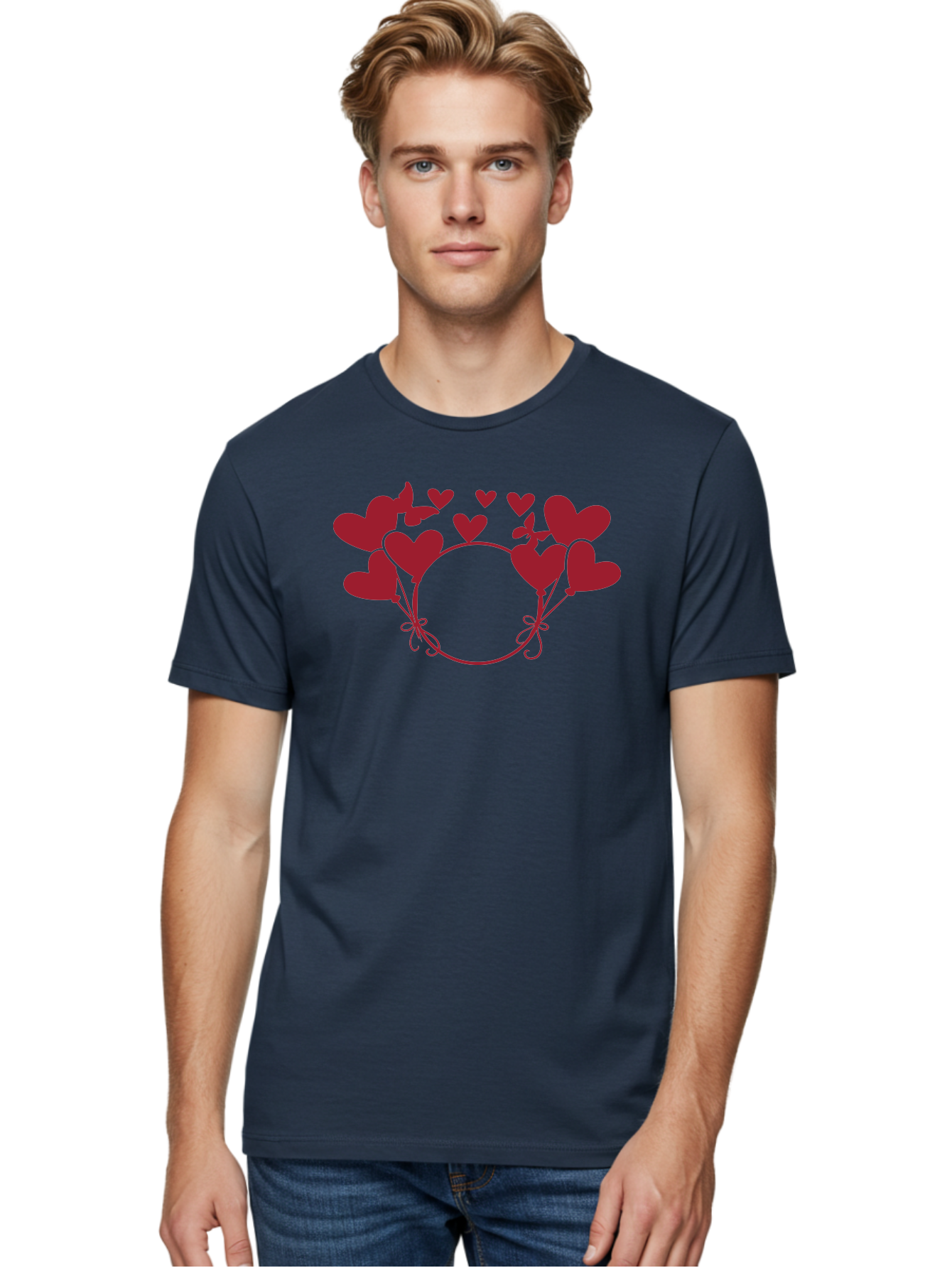 Hearts-Wreath Men'S Graphic Tee, 100% Cotton, Comfortable Casual Summer Wear, Machine Washable, Heart Shaped Frame, Floral Frame, Red Hearts, Heart Decoration, Valentines Day Decor, Love Theme, Heart Shaped Flowers, Decorative Frame, Aac813