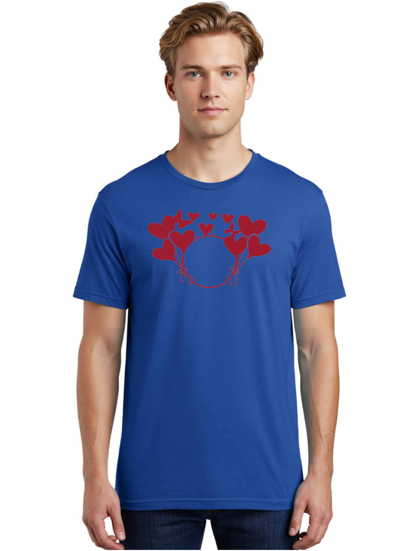 Hearts-Wreath Men'S Graphic Tee, 100% Cotton, Comfortable Casual Summer Wear, Machine Washable, Heart Shaped Frame, Floral Frame, Red Hearts, Heart Decoration, Valentines Day Decor, Love Theme, Heart Shaped Flowers, Decorative Frame, Aac813