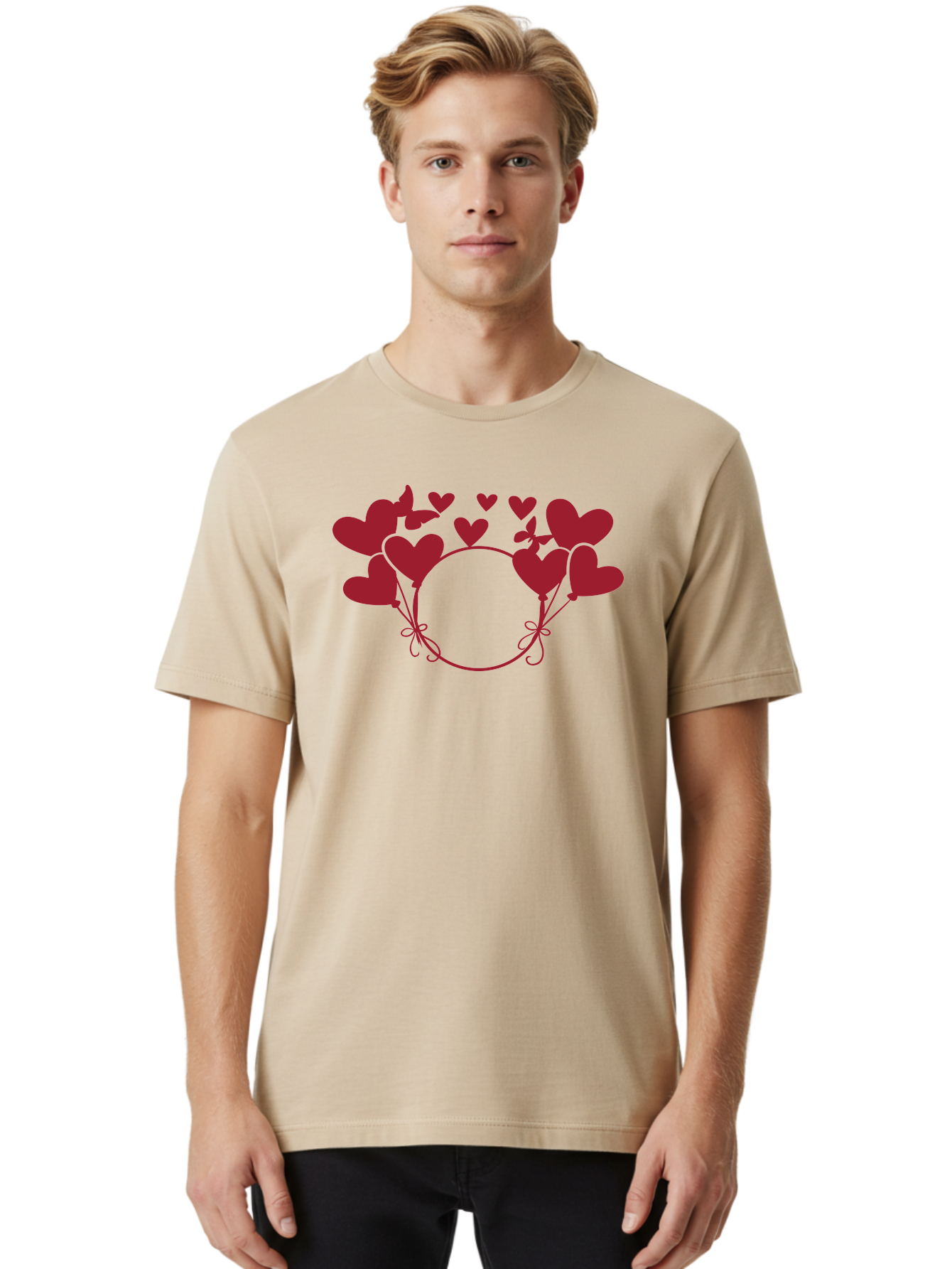 Hearts-Wreath Men'S Graphic Tee, 100% Cotton, Comfortable Casual Summer Wear, Machine Washable, Heart Shaped Frame, Floral Frame, Red Hearts, Heart Decoration, Valentines Day Decor, Love Theme, Heart Shaped Flowers, Decorative Frame, Aac813