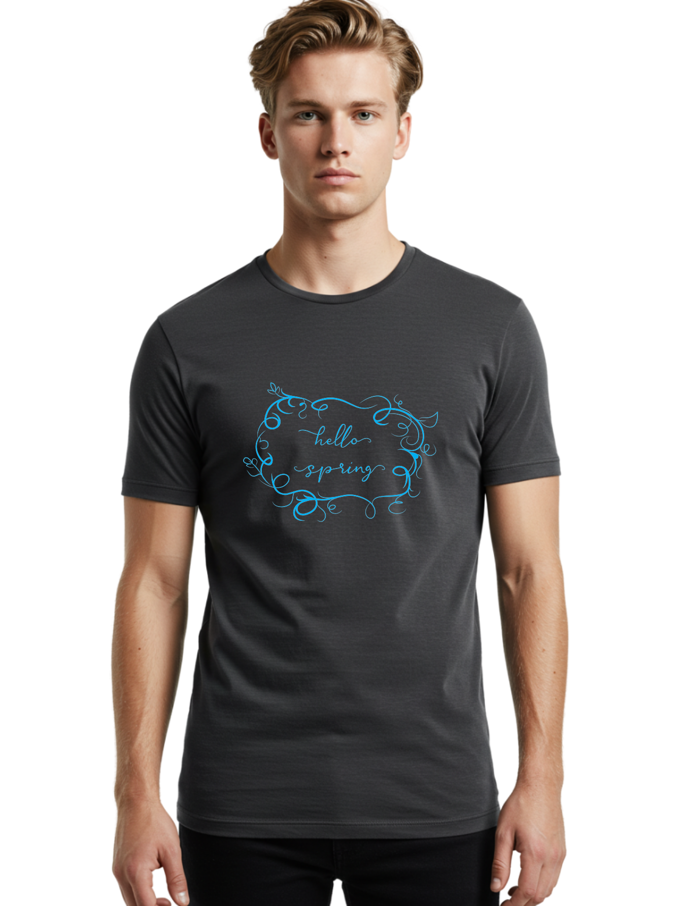 Hello-Sprywing Men'S Graphic Tee, 100% Cotton, Comfortable Casual Summer Wear, Machine Washable, Decorative Frame, Elegant Design, Cursive Text, Hello Sassy, Artistic Typography, Floral Elements Aac814