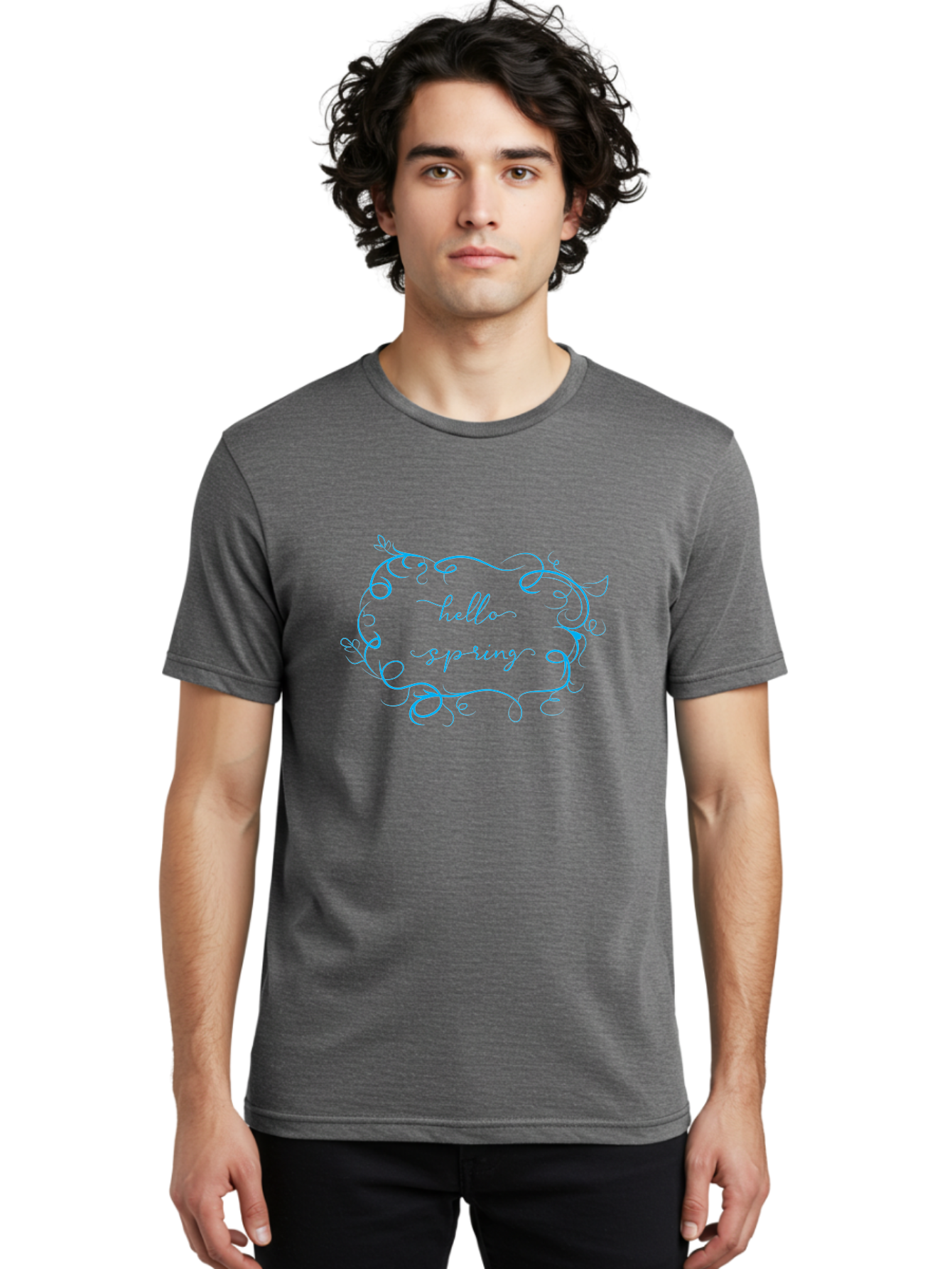 Hello-Sprywing Men'S Graphic Tee, 100% Cotton, Comfortable Casual Summer Wear, Machine Washable, Decorative Frame, Elegant Design, Cursive Text, Hello Sassy, Artistic Typography, Floral Elements Aac814