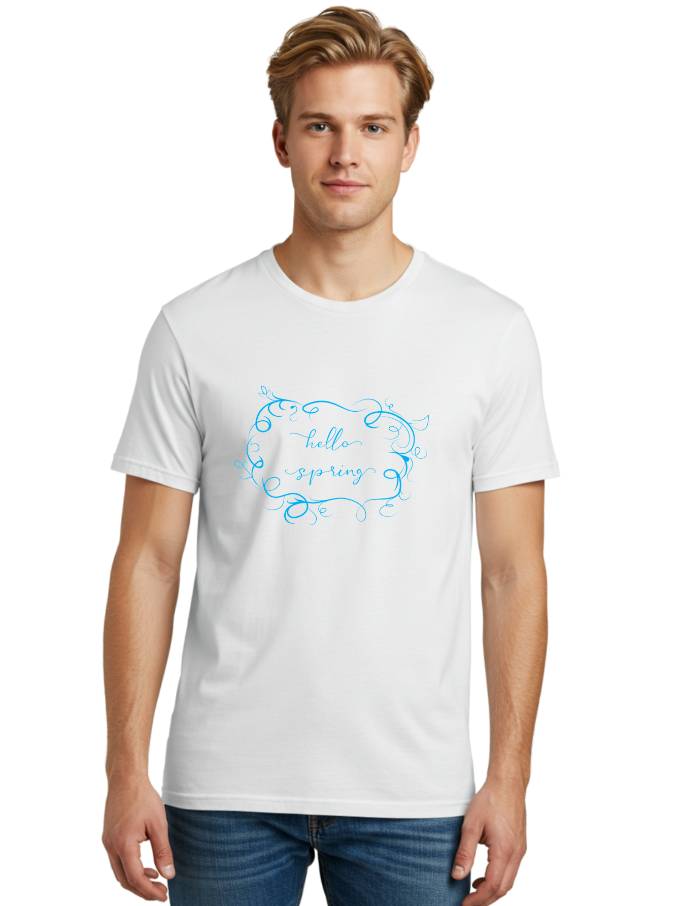 Hello-Sprywing Men'S Graphic Tee, 100% Cotton, Comfortable Casual Summer Wear, Machine Washable, Decorative Frame, Elegant Design, Cursive Text, Hello Sassy, Artistic Typography, Floral Elements Aac814