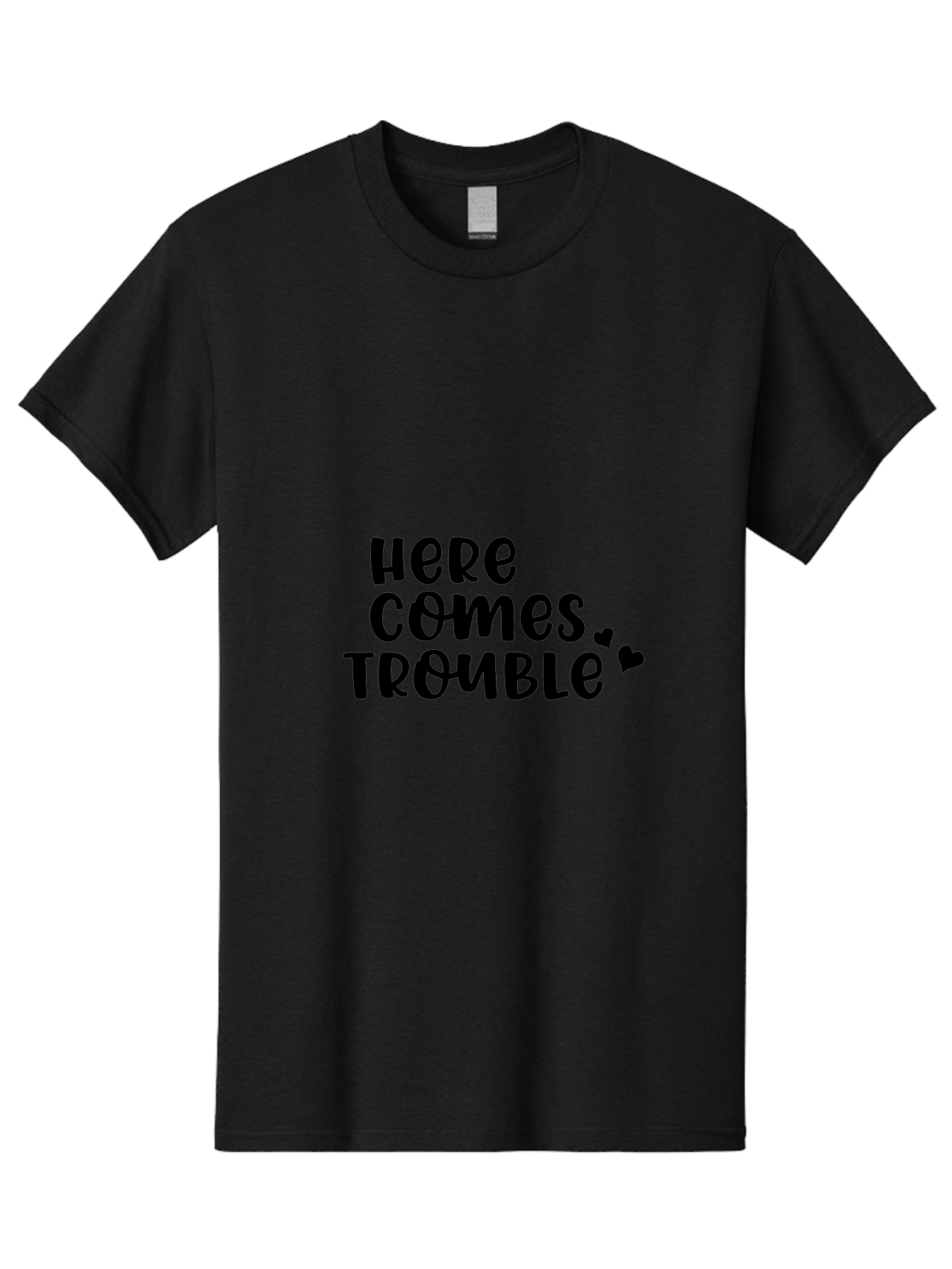 Here-Comes-Trouble Men'S Graphic Tee, 100% Cotton, Comfortable Casual Summer Wear, Machine Washable, Funny Quote, Trouble Ahead, Playful Typography, Black Text, Heart Symbols, Humorous Phrase, Trouble, Cute Hearts Aac816