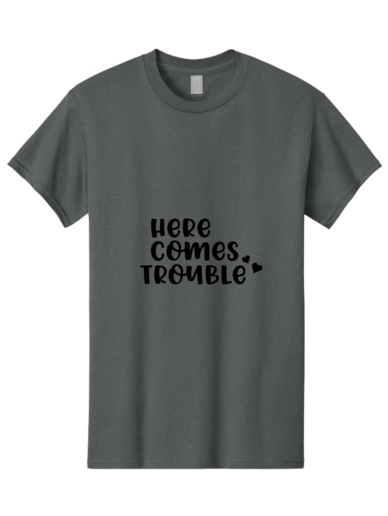 Here-Comes-Trouble Men'S Graphic Tee, 100% Cotton, Comfortable Casual Summer Wear, Machine Washable, Funny Quote, Trouble Ahead, Playful Typography, Black Text, Heart Symbols, Humorous Phrase, Trouble, Cute Hearts Aac816