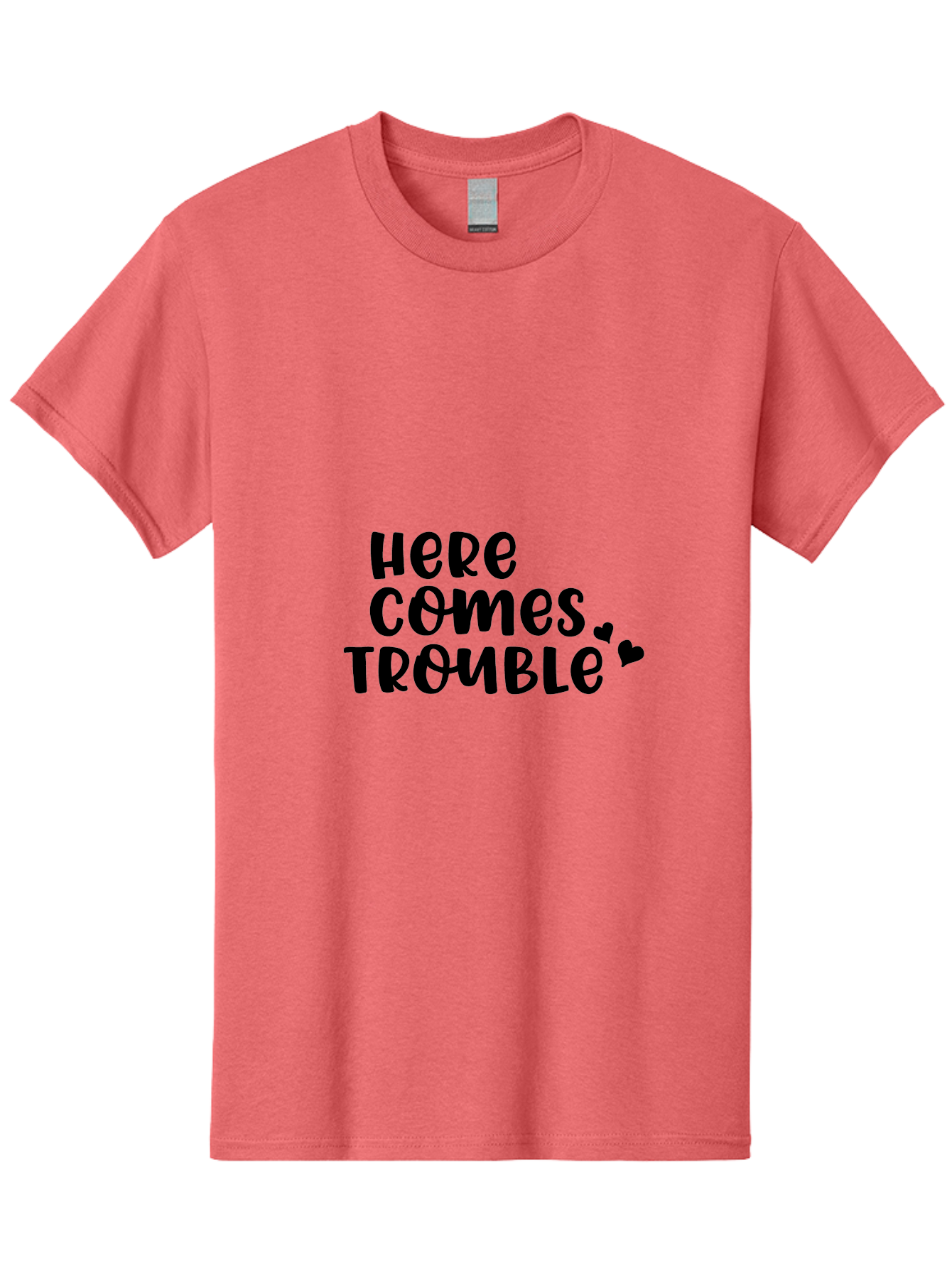 Here-Comes-Trouble Men'S Graphic Tee, 100% Cotton, Comfortable Casual Summer Wear, Machine Washable, Funny Quote, Trouble Ahead, Playful Typography, Black Text, Heart Symbols, Humorous Phrase, Trouble, Cute Hearts Aac816