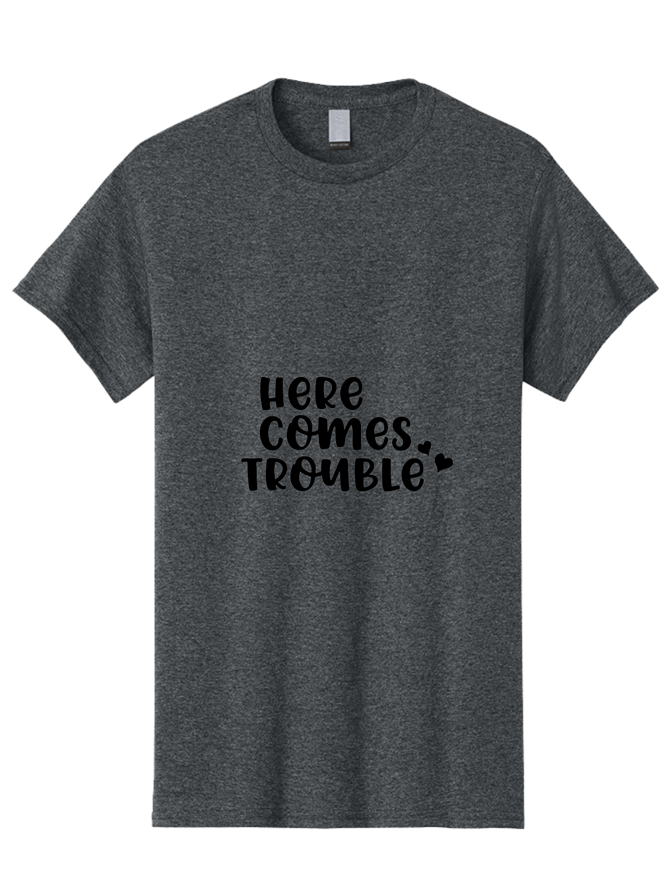 Here-Comes-Trouble Men'S Graphic Tee, 100% Cotton, Comfortable Casual Summer Wear, Machine Washable, Funny Quote, Trouble Ahead, Playful Typography, Black Text, Heart Symbols, Humorous Phrase, Trouble, Cute Hearts Aac816