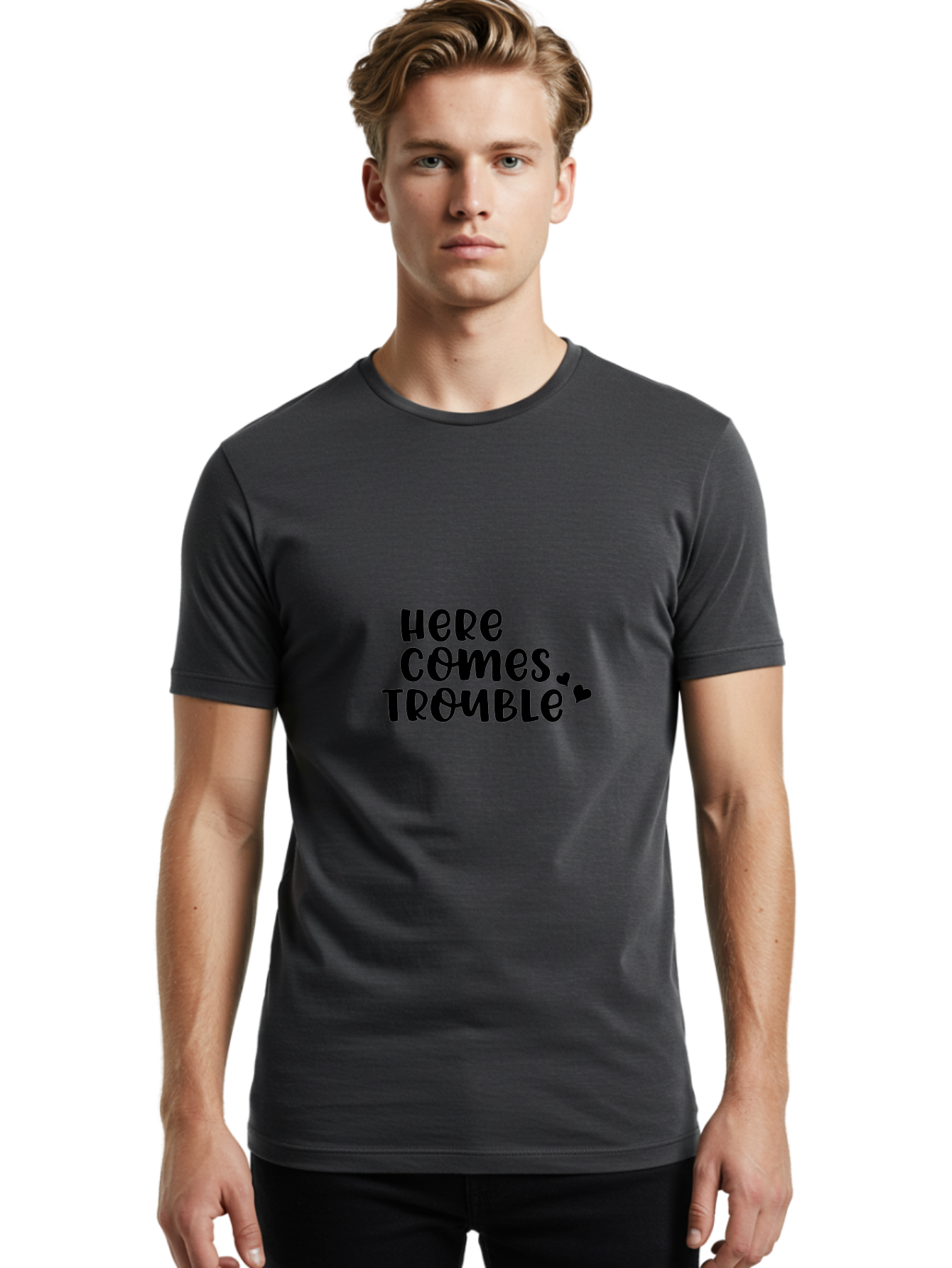 Here-Comes-Trouble Men'S Graphic Tee, 100% Cotton, Comfortable Casual Summer Wear, Machine Washable, Funny Quote, Trouble Ahead, Playful Typography, Black Text, Heart Symbols, Humorous Phrase, Trouble, Cute Hearts Aac816