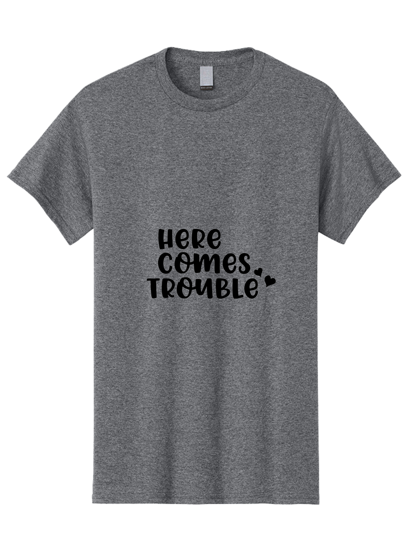 Here-Comes-Trouble Men'S Graphic Tee, 100% Cotton, Comfortable Casual Summer Wear, Machine Washable, Funny Quote, Trouble Ahead, Playful Typography, Black Text, Heart Symbols, Humorous Phrase, Trouble, Cute Hearts Aac816