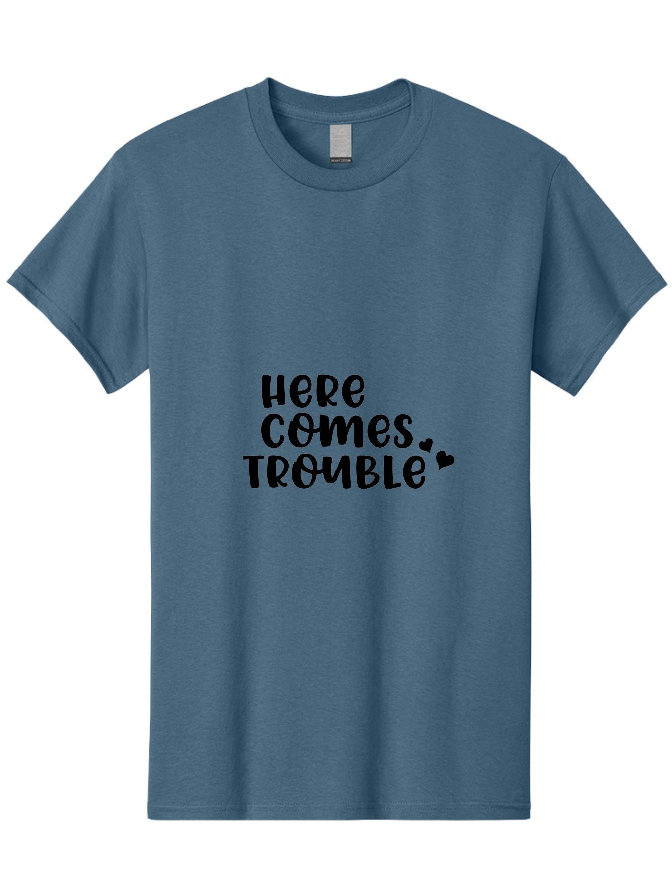 Here-Comes-Trouble Men'S Graphic Tee, 100% Cotton, Comfortable Casual Summer Wear, Machine Washable, Funny Quote, Trouble Ahead, Playful Typography, Black Text, Heart Symbols, Humorous Phrase, Trouble, Cute Hearts Aac816