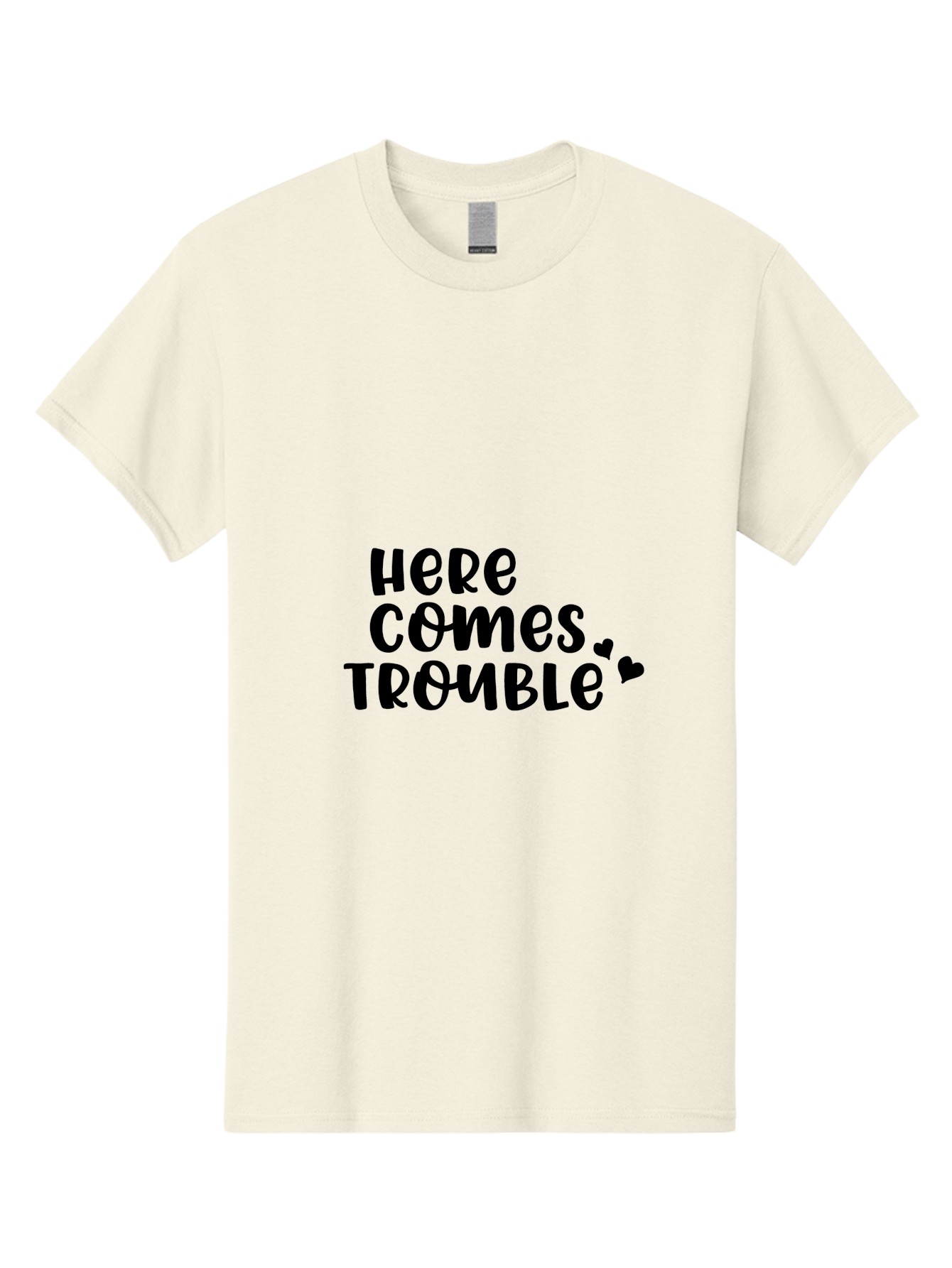 Here-Comes-Trouble Men'S Graphic Tee, 100% Cotton, Comfortable Casual Summer Wear, Machine Washable, Funny Quote, Trouble Ahead, Playful Typography, Black Text, Heart Symbols, Humorous Phrase, Trouble, Cute Hearts Aac816