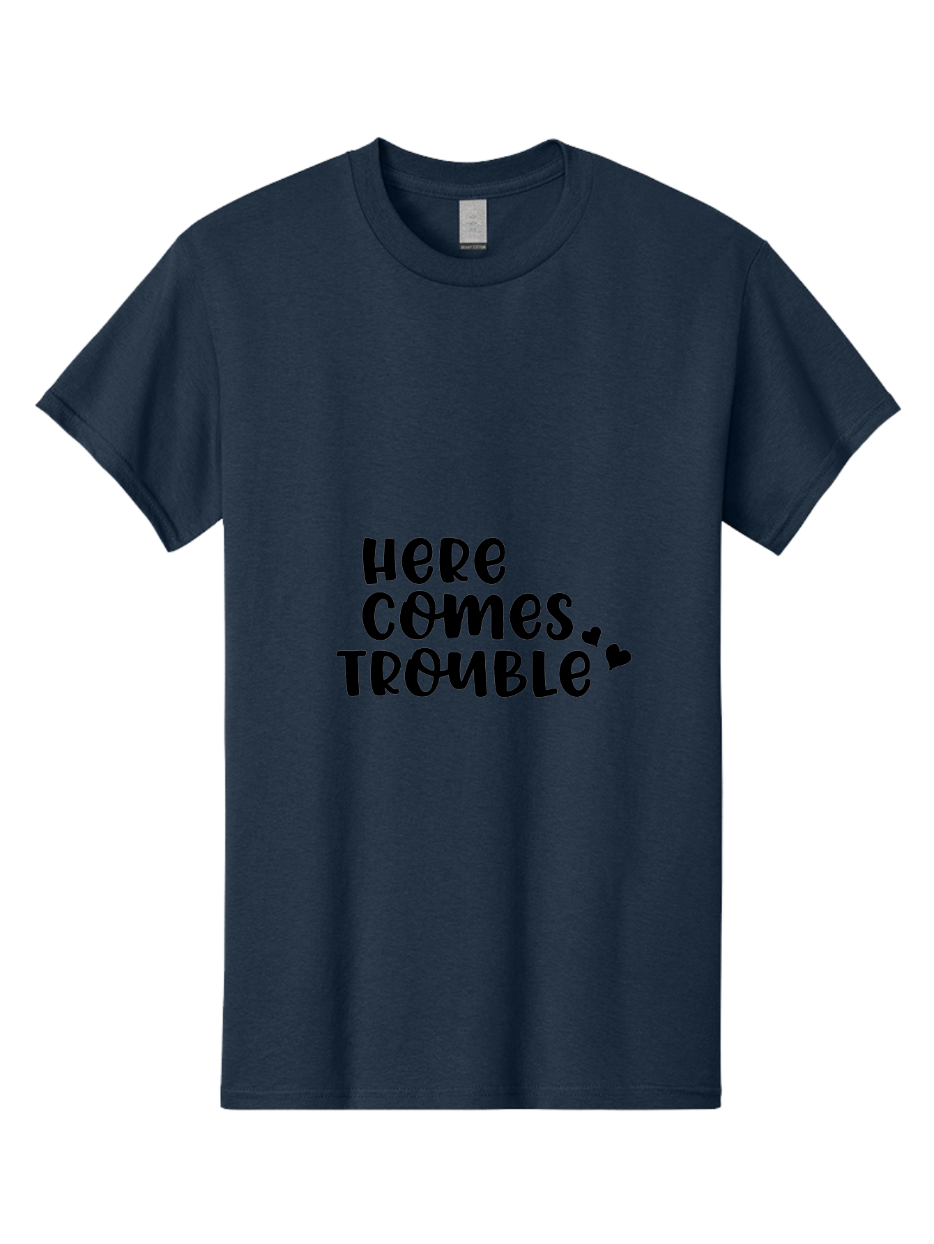 Here-Comes-Trouble Men'S Graphic Tee, 100% Cotton, Comfortable Casual Summer Wear, Machine Washable, Funny Quote, Trouble Ahead, Playful Typography, Black Text, Heart Symbols, Humorous Phrase, Trouble, Cute Hearts Aac816