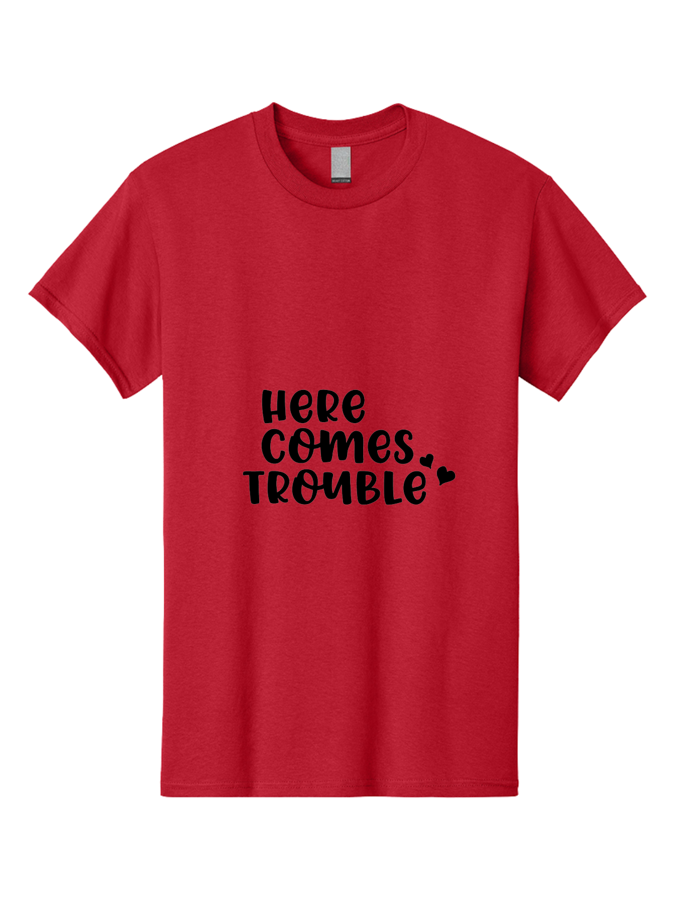 Here-Comes-Trouble Men'S Graphic Tee, 100% Cotton, Comfortable Casual Summer Wear, Machine Washable, Funny Quote, Trouble Ahead, Playful Typography, Black Text, Heart Symbols, Humorous Phrase, Trouble, Cute Hearts Aac816