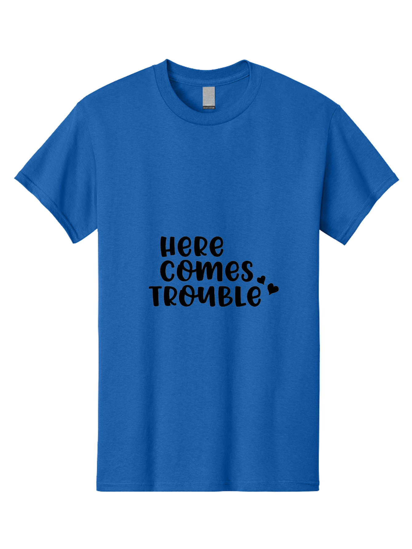 Here-Comes-Trouble Men'S Graphic Tee, 100% Cotton, Comfortable Casual Summer Wear, Machine Washable, Funny Quote, Trouble Ahead, Playful Typography, Black Text, Heart Symbols, Humorous Phrase, Trouble, Cute Hearts Aac816