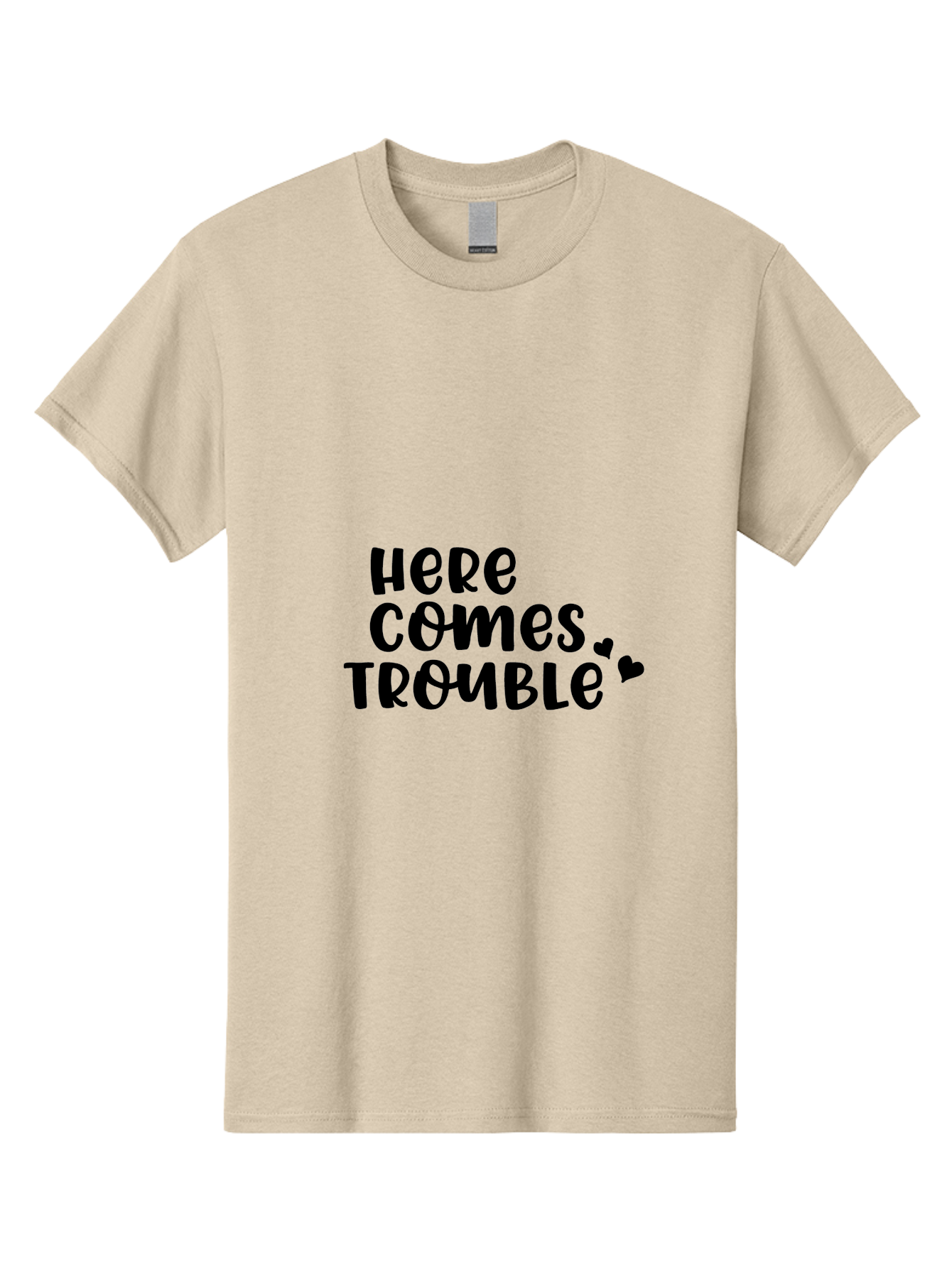 Here-Comes-Trouble Men'S Graphic Tee, 100% Cotton, Comfortable Casual Summer Wear, Machine Washable, Funny Quote, Trouble Ahead, Playful Typography, Black Text, Heart Symbols, Humorous Phrase, Trouble, Cute Hearts Aac816