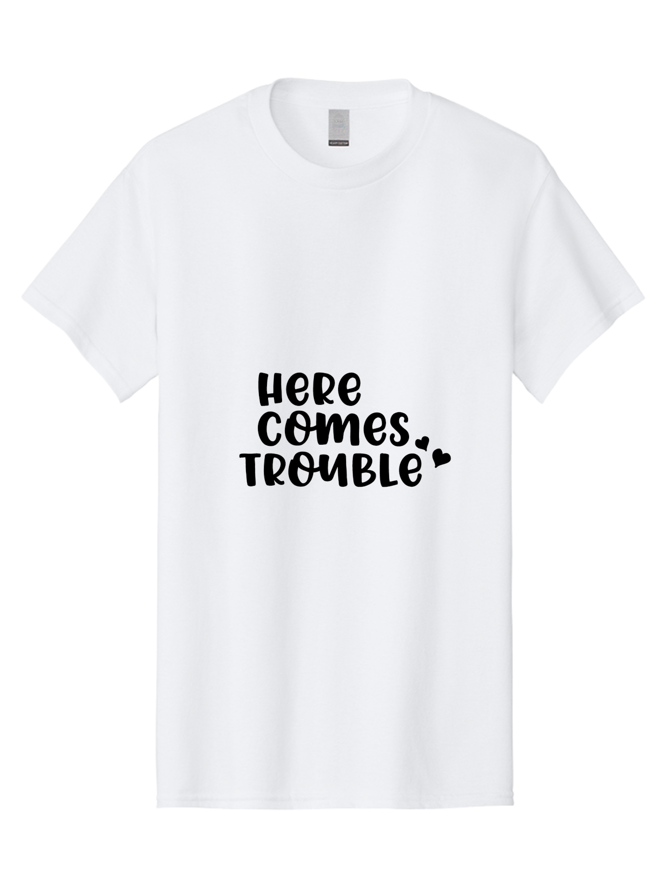 Here-Comes-Trouble Men'S Graphic Tee, 100% Cotton, Comfortable Casual Summer Wear, Machine Washable, Funny Quote, Trouble Ahead, Playful Typography, Black Text, Heart Symbols, Humorous Phrase, Trouble, Cute Hearts Aac816