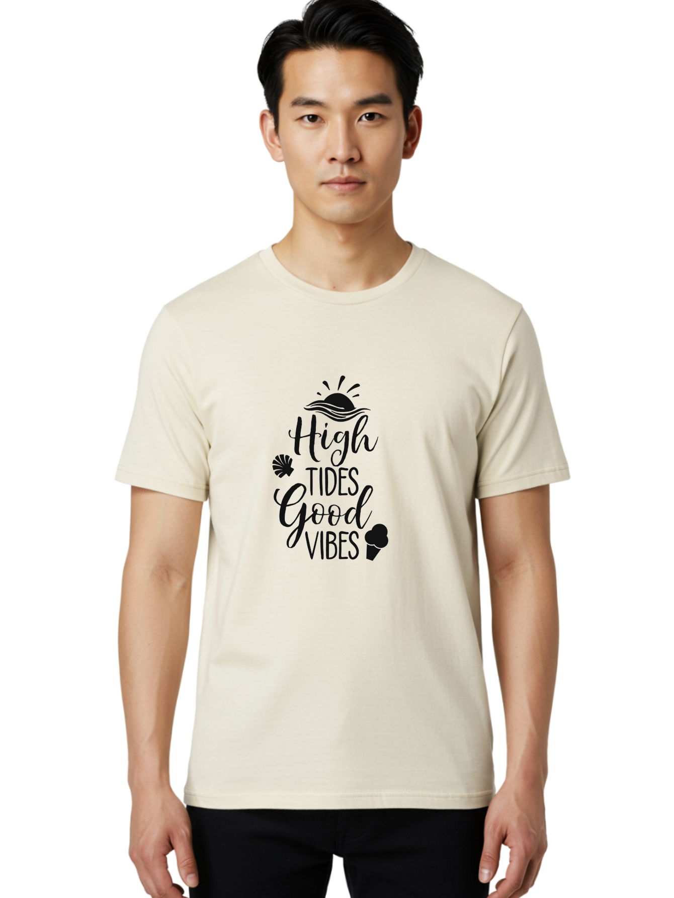 High-Tides-Good-Vibes Men'S Graphic Tee, 100% Cotton, Comfortable Casual Summer Wear, Machine Washable, Ocean Inspiration, Beach Vibes, Good Energy, Sea Shells, Positive Affirmations, Coastal Lifestyle, Motivational Quotes, Summer Vibes Aac819